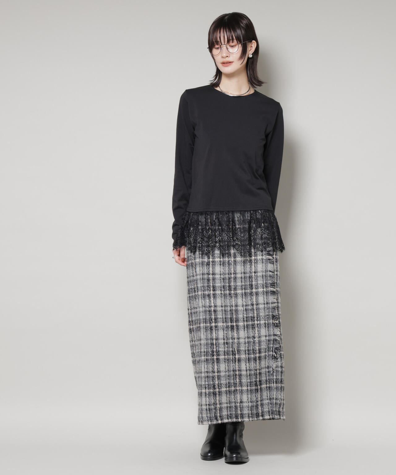 裾レースドッキングロングTシャツ
