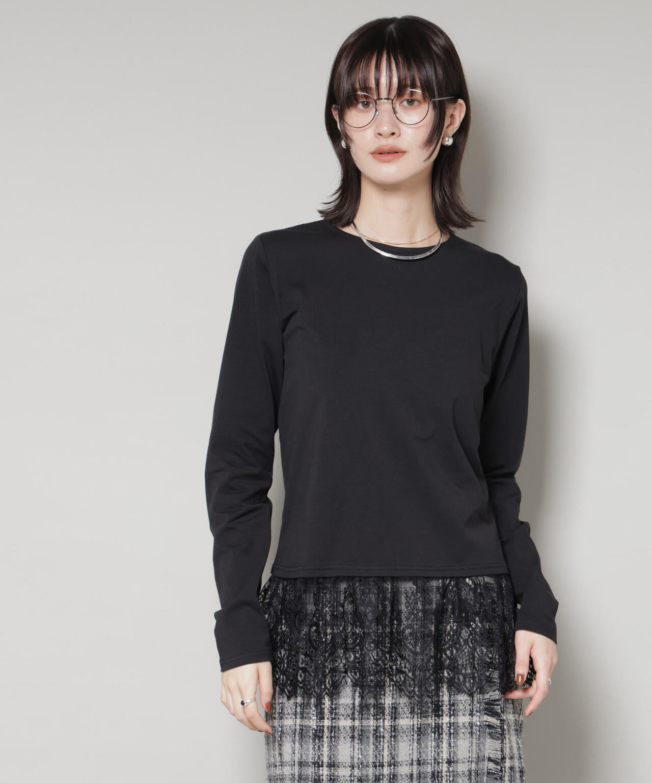 裾レースドッキングロングTシャツ