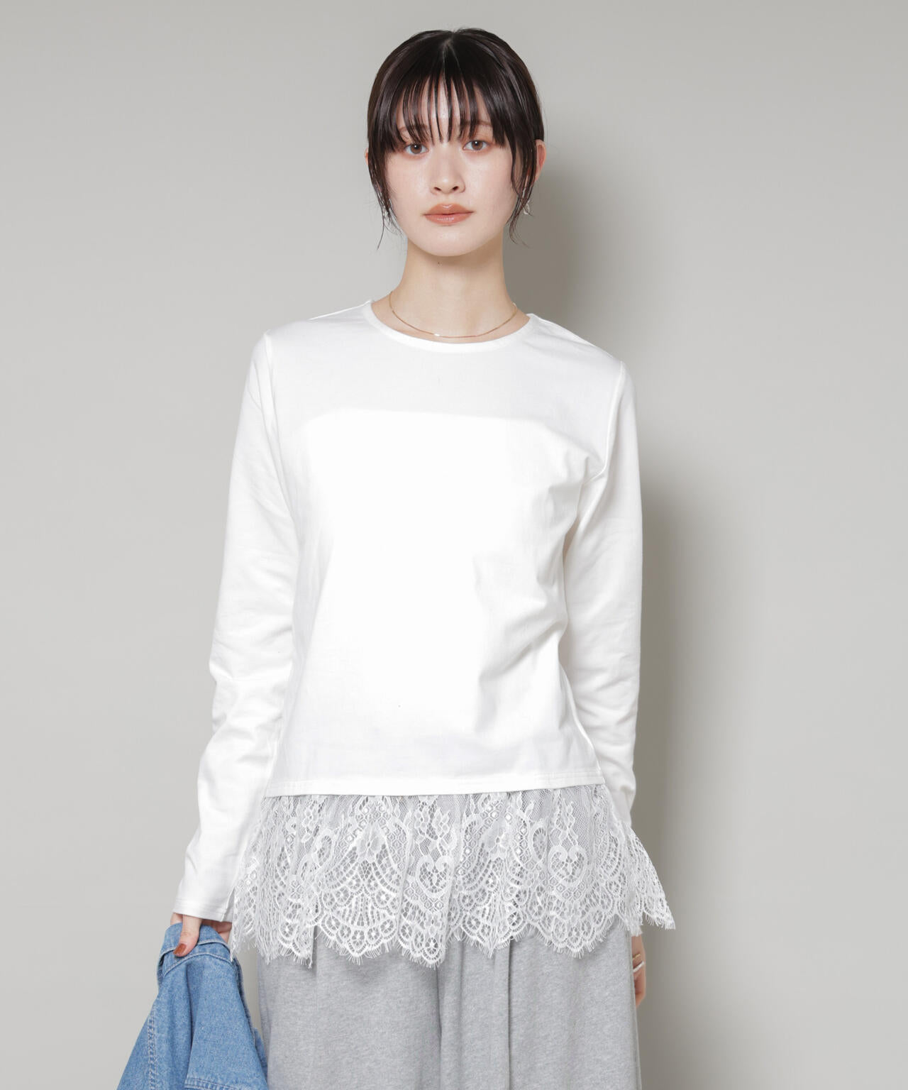 裾レースドッキングロングTシャツ
