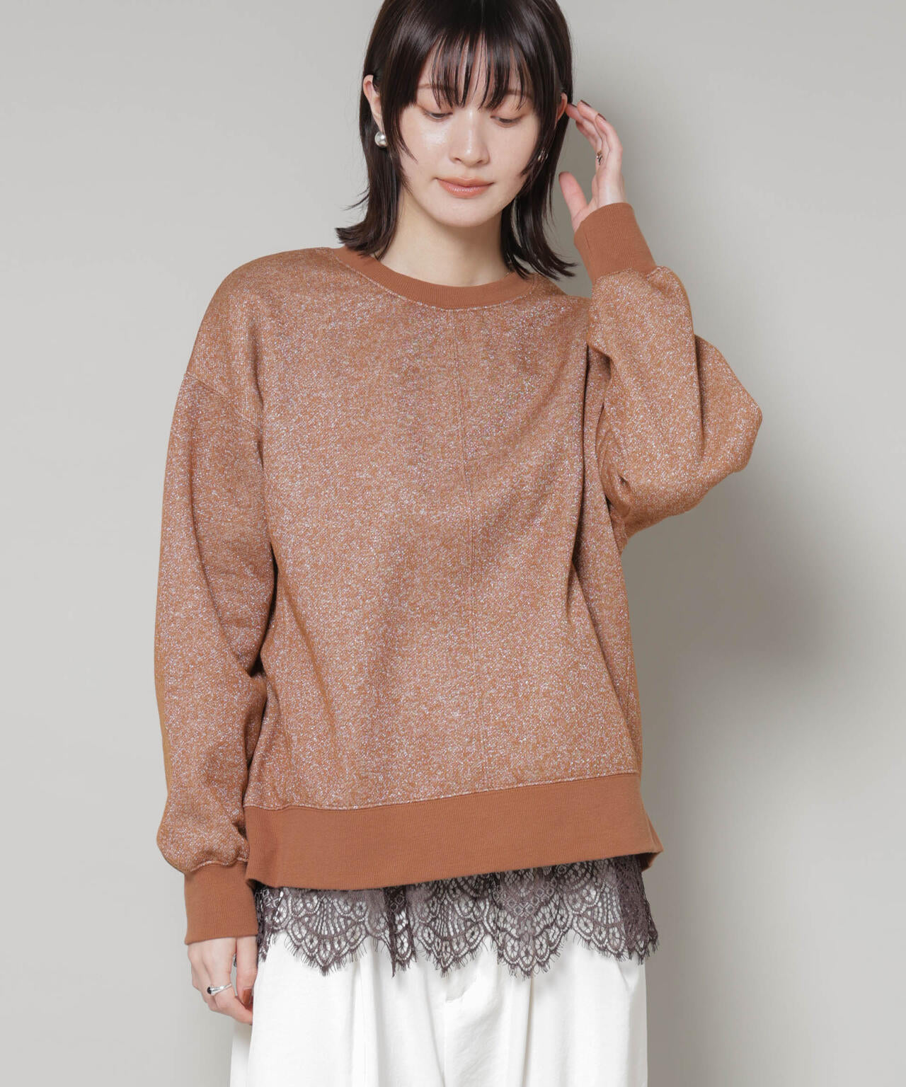 裾レースドッキングロングTシャツ
