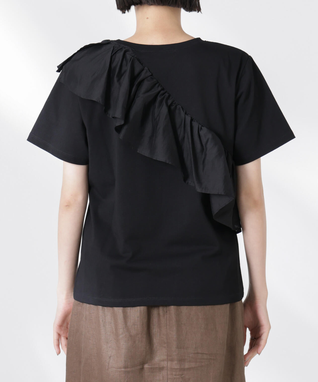 アシンメトリーフリル異素材コンビTシャツ