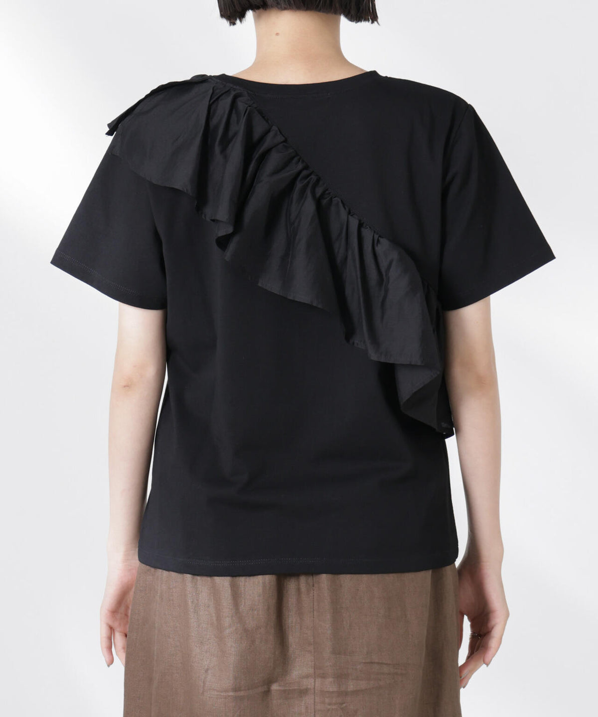 アシンメトリーフリル異素材コンビTシャツ