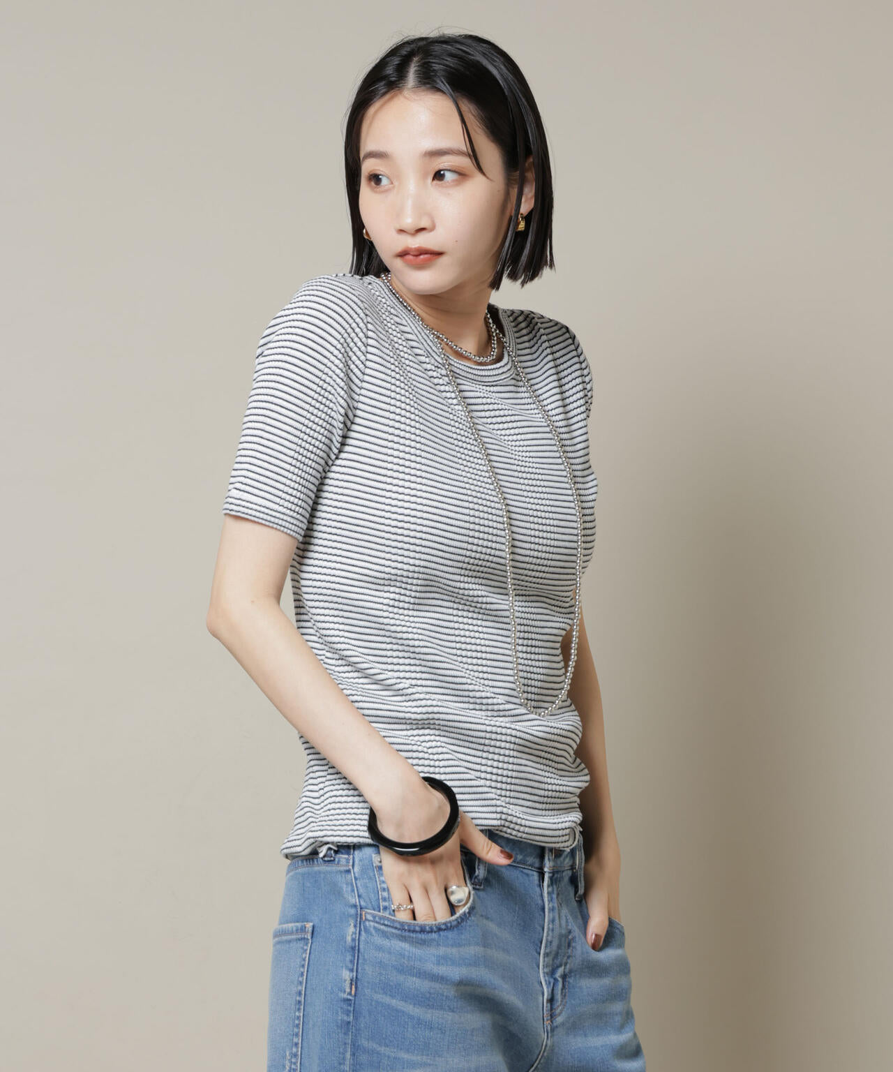 マルチボーダーテレコリブカットトップス