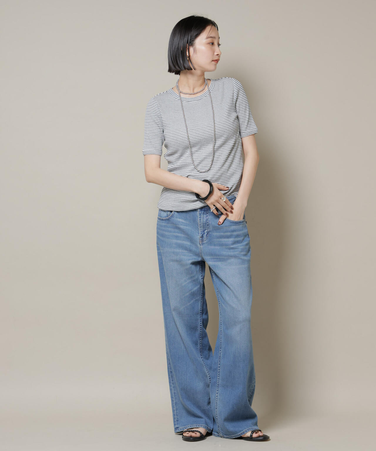 マルチボーダーテレコリブカットトップス