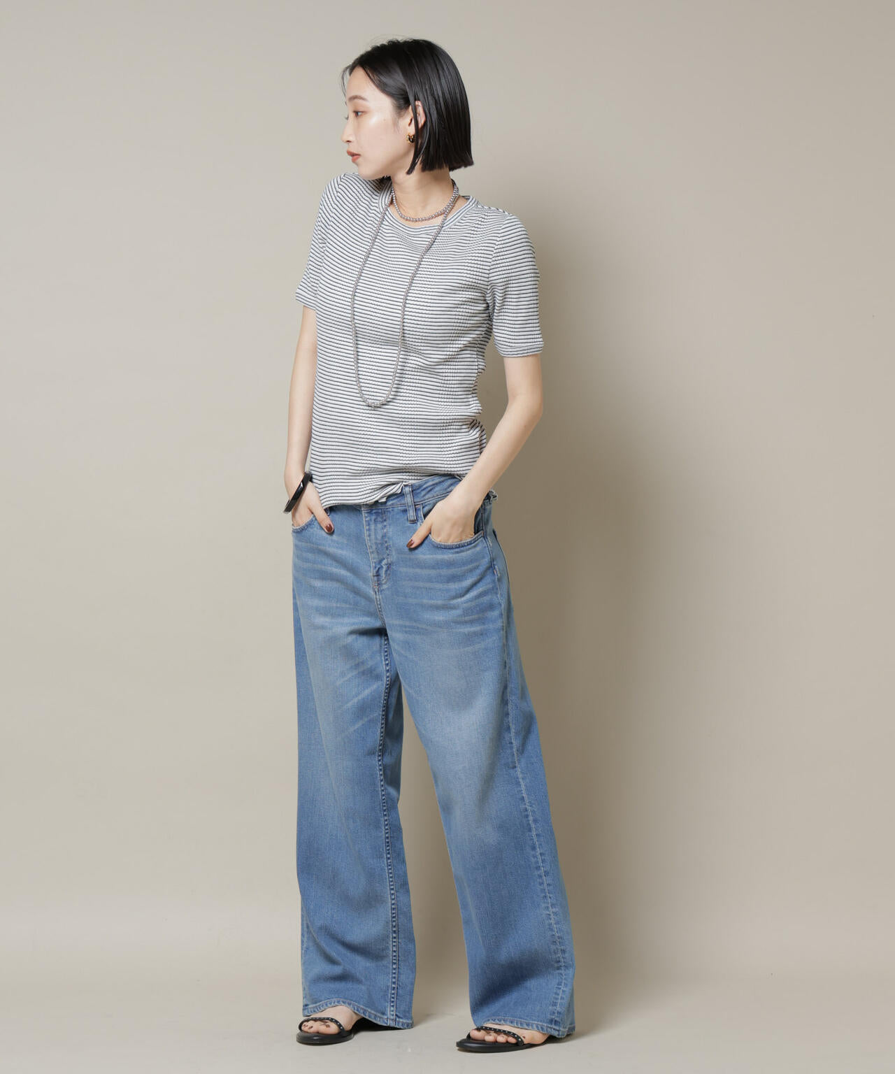 マルチボーダーテレコリブカットトップス