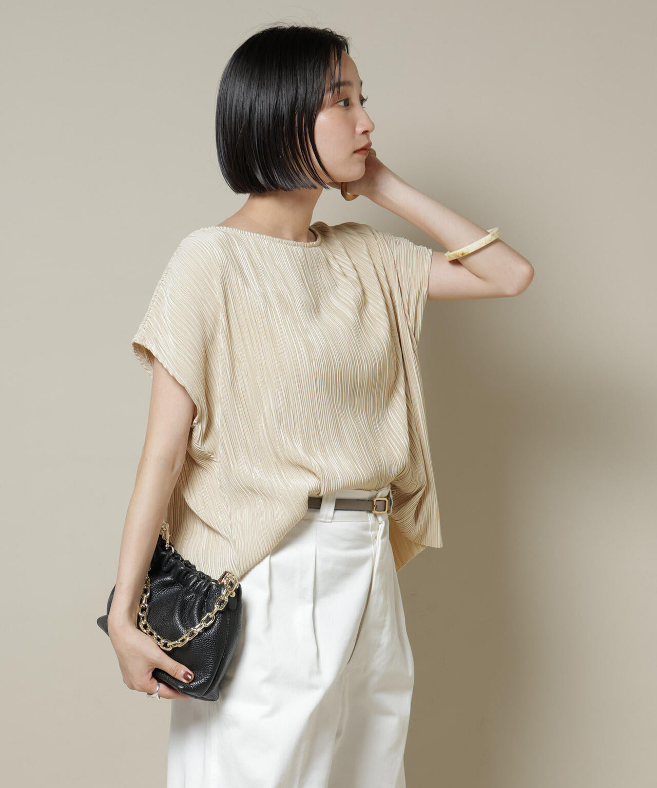 ランダムプリーツカットフレンチスリーブトップス(セットアップ可)