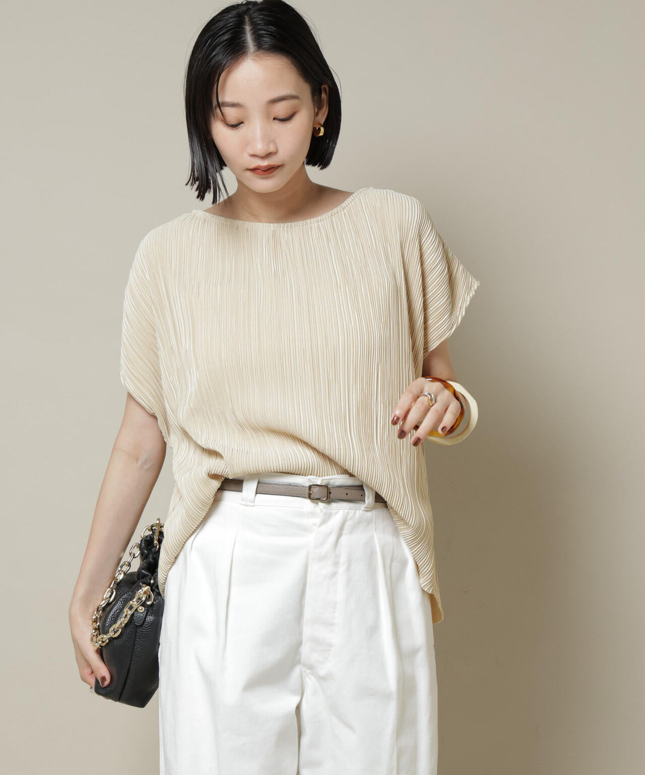 ランダムプリーツカットフレンチスリーブトップス(セットアップ可)