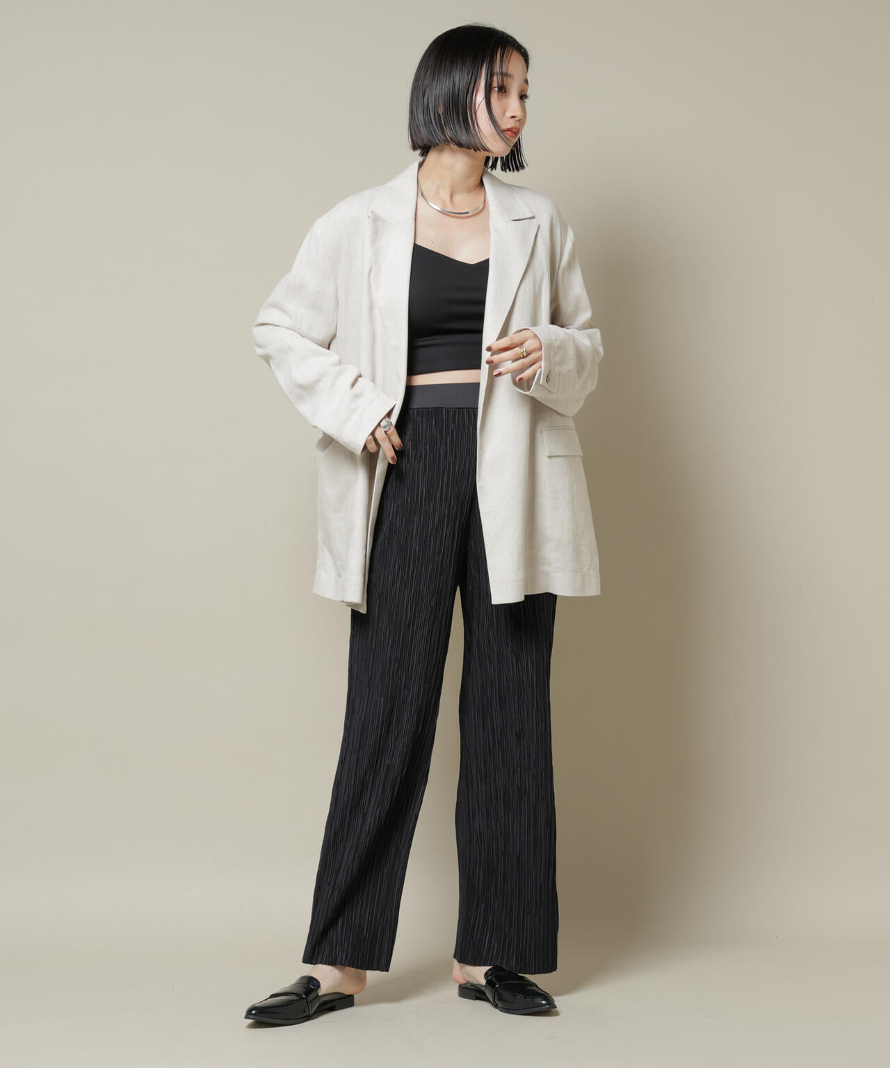 ランダムプリーツカットセミワイドパンツ(セットアップ可)