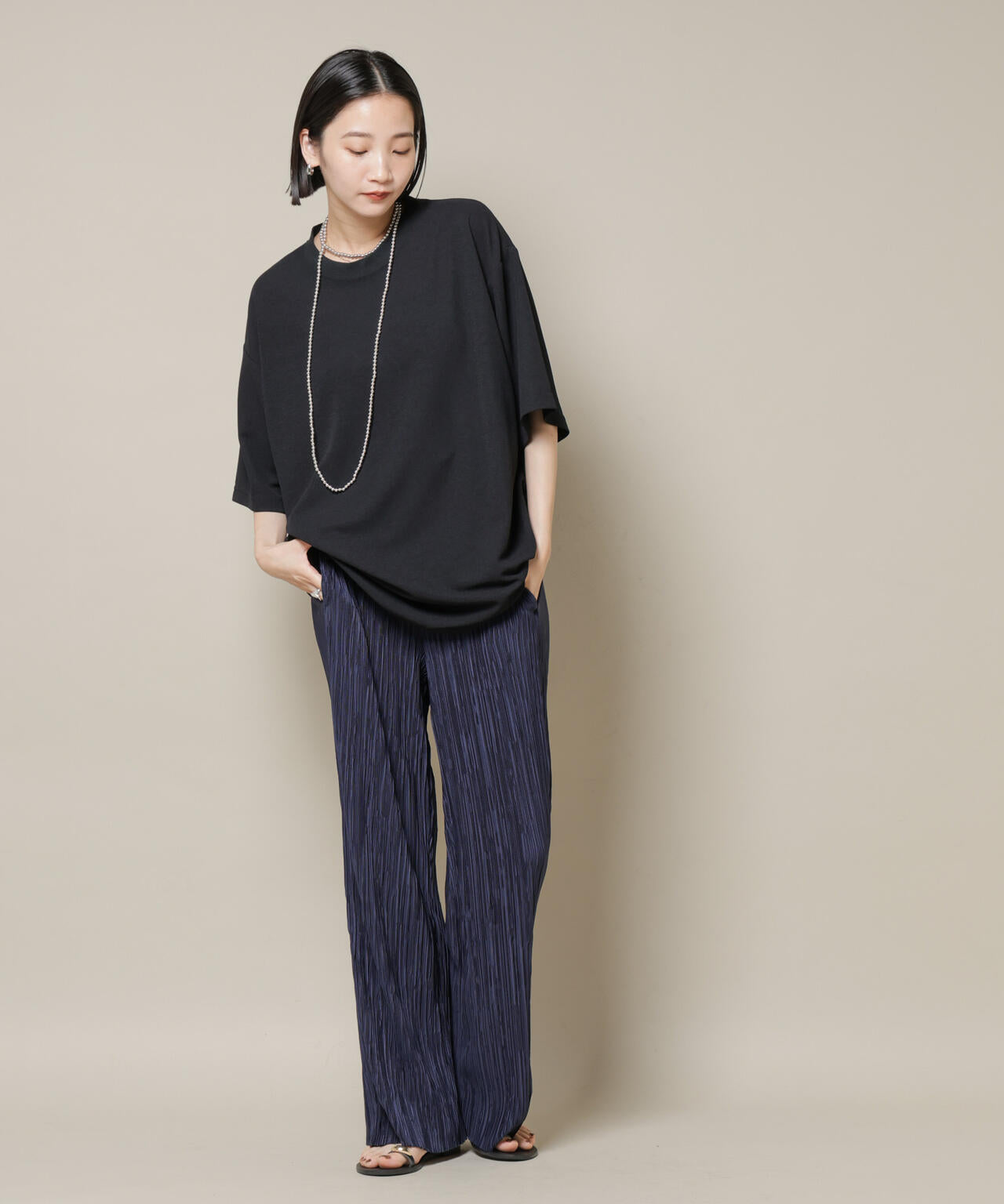 ランダムプリーツカットセミワイドパンツ(セットアップ可)