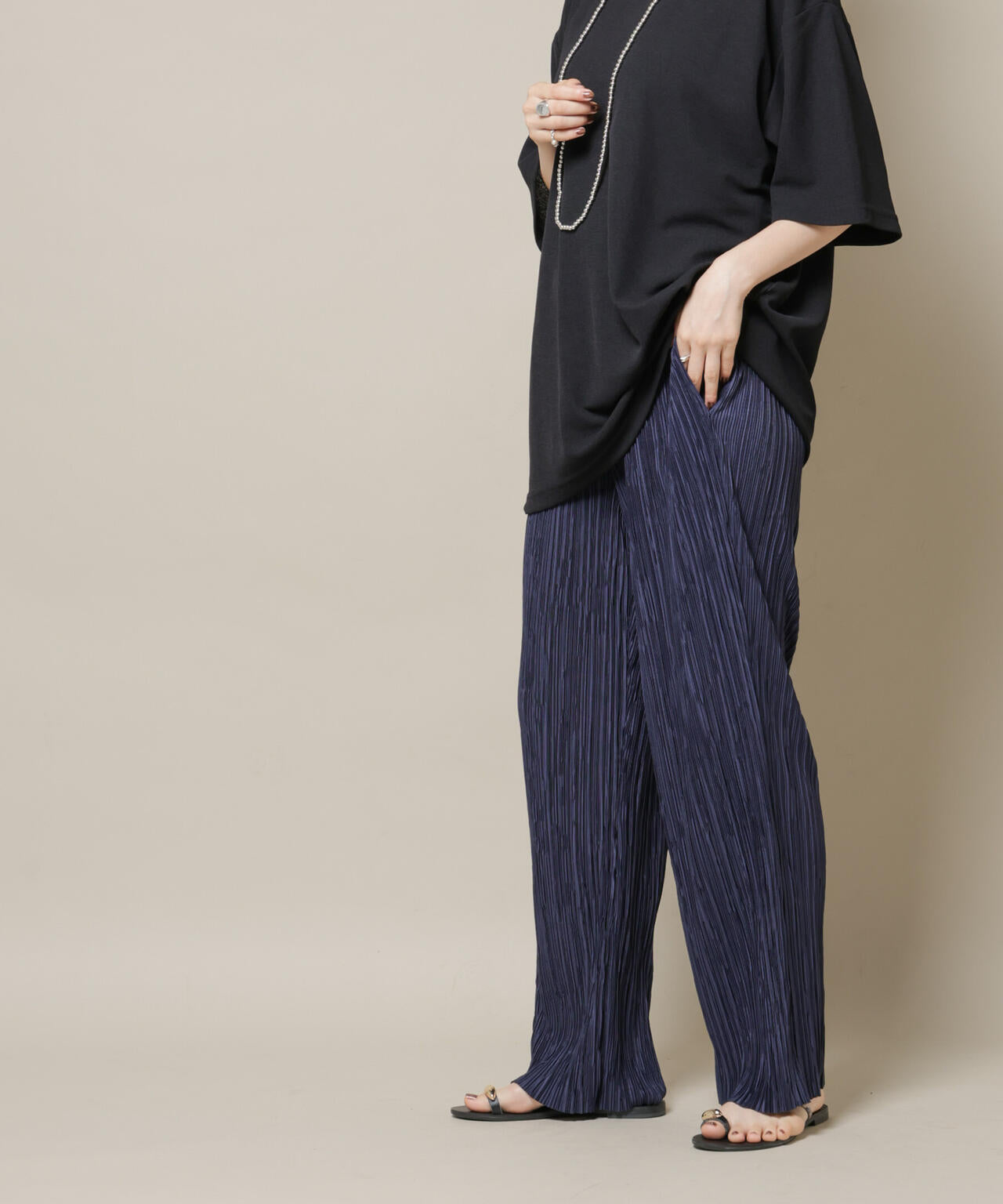 ランダムプリーツカットセミワイドパンツ(セットアップ可)