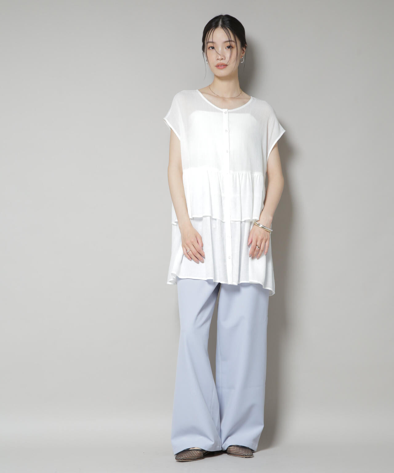 【撥水加工】ウェストドロストワイドストレートパンツ