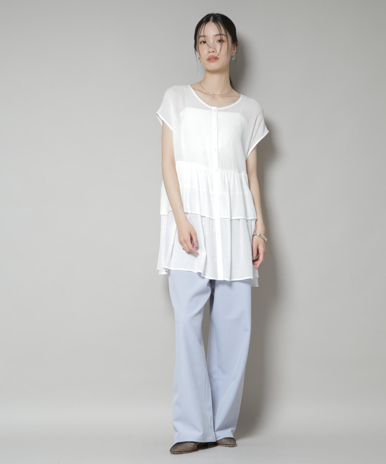 【撥水加工】ウェストドロストワイドストレートパンツ