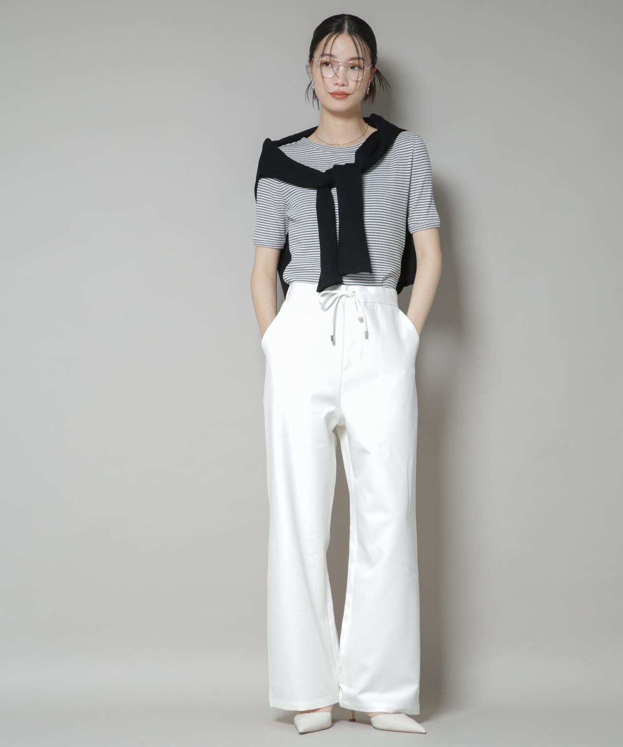 【撥水加工】ウェストドロストワイドストレートパンツ