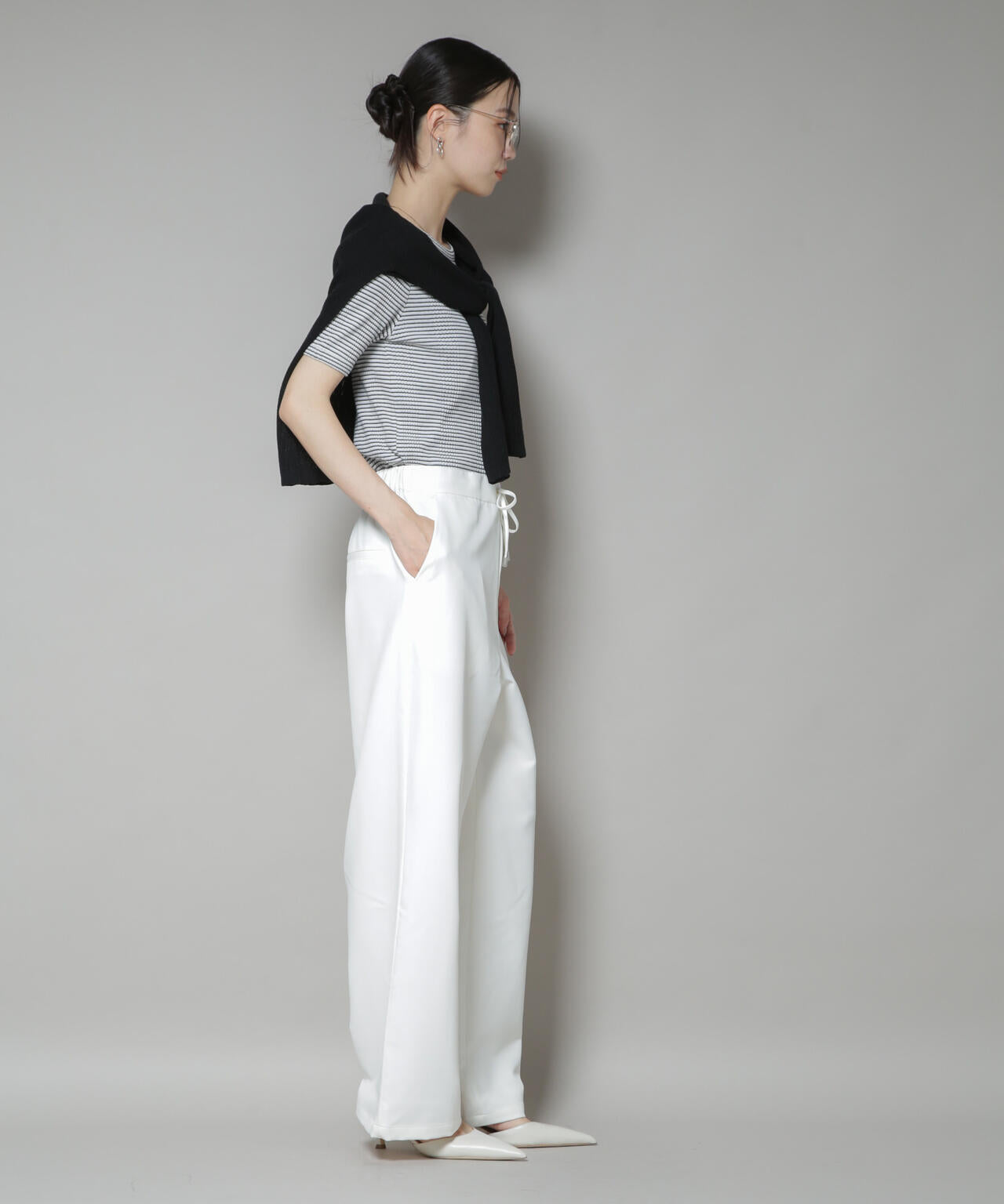 【撥水加工】ウェストドロストワイドストレートパンツ