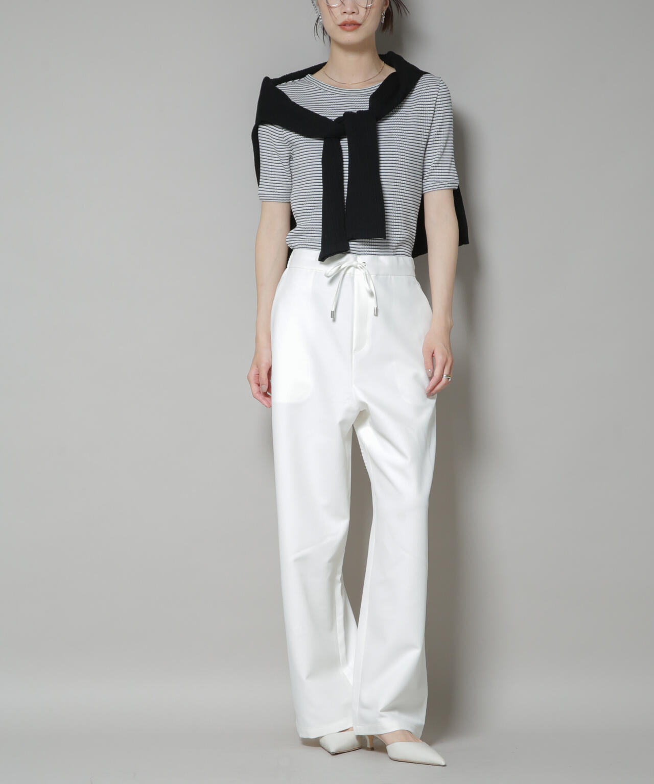 【撥水加工】ウェストドロストワイドストレートパンツ
