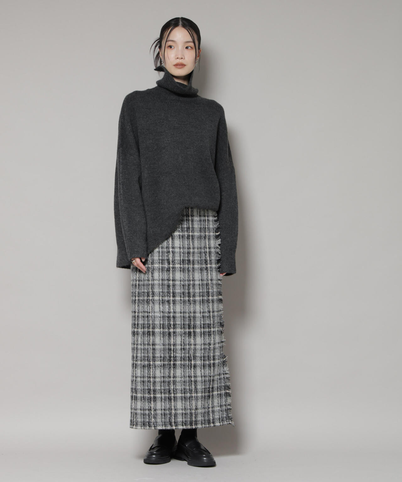 チェックフリンジラップ風スカート(セットアップ可)