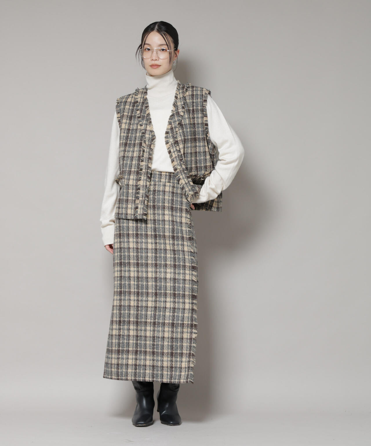 チェックフリンジラップ風スカート(セットアップ可)