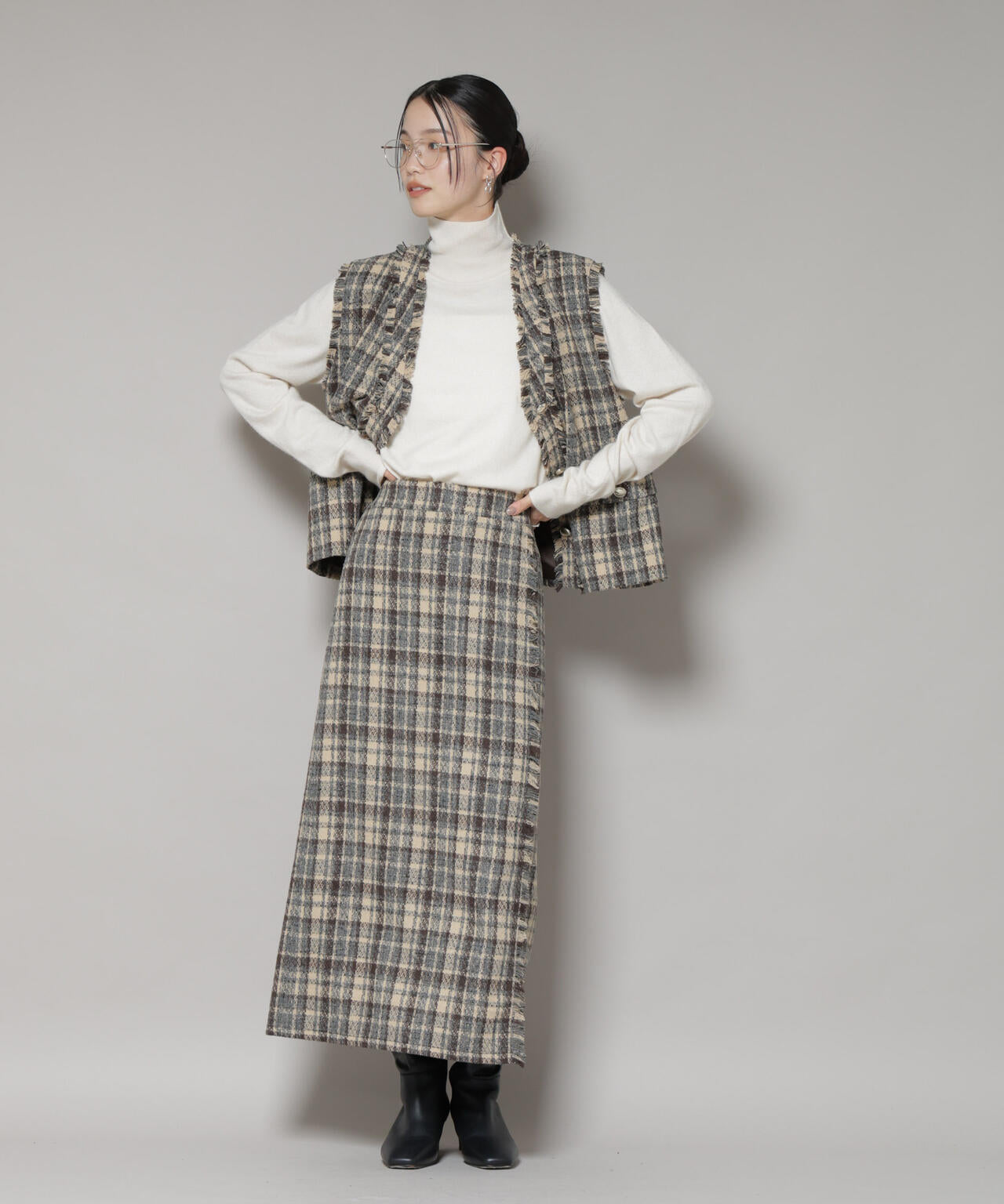 チェックフリンジラップ風スカート(セットアップ可)