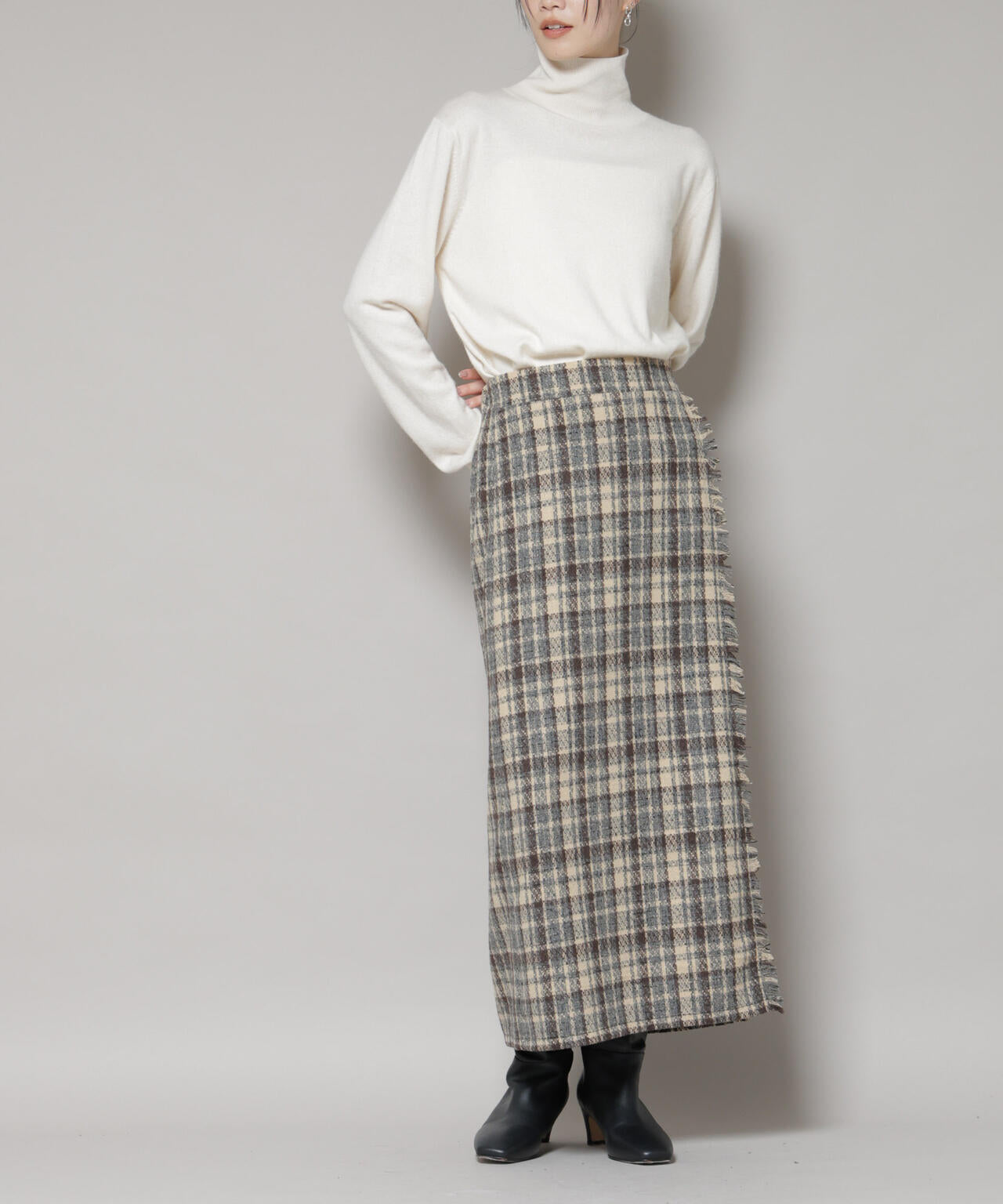 チェックフリンジラップ風スカート(セットアップ可)