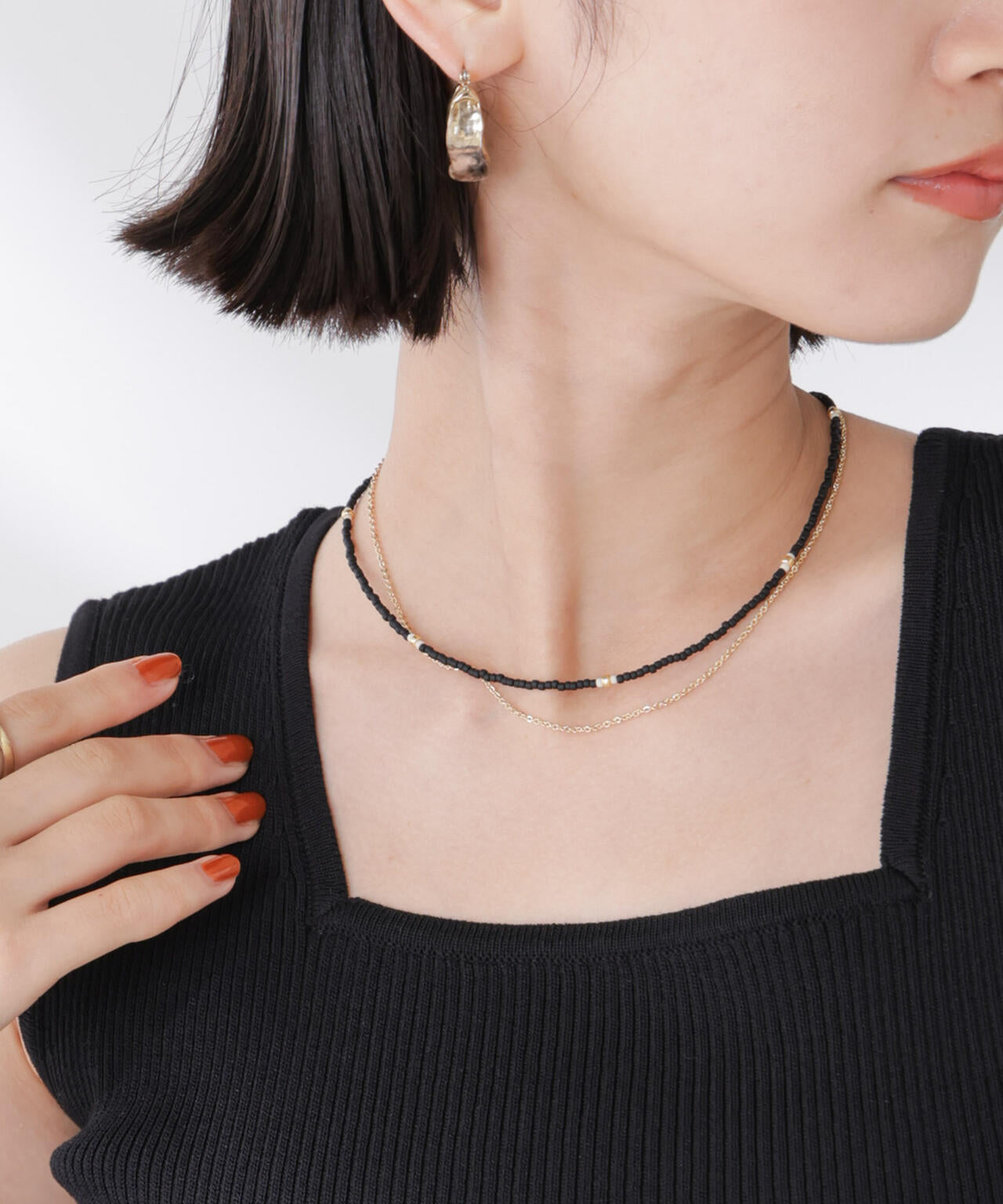 マットビーズ&チェーン2連ネックレス