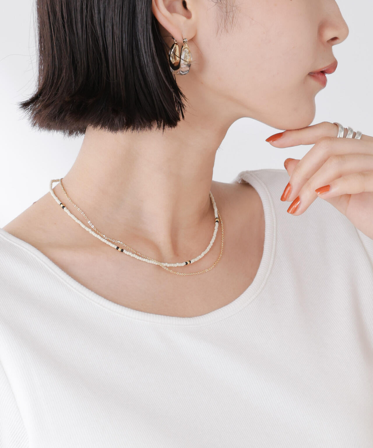 マットビーズ&チェーン2連ネックレス