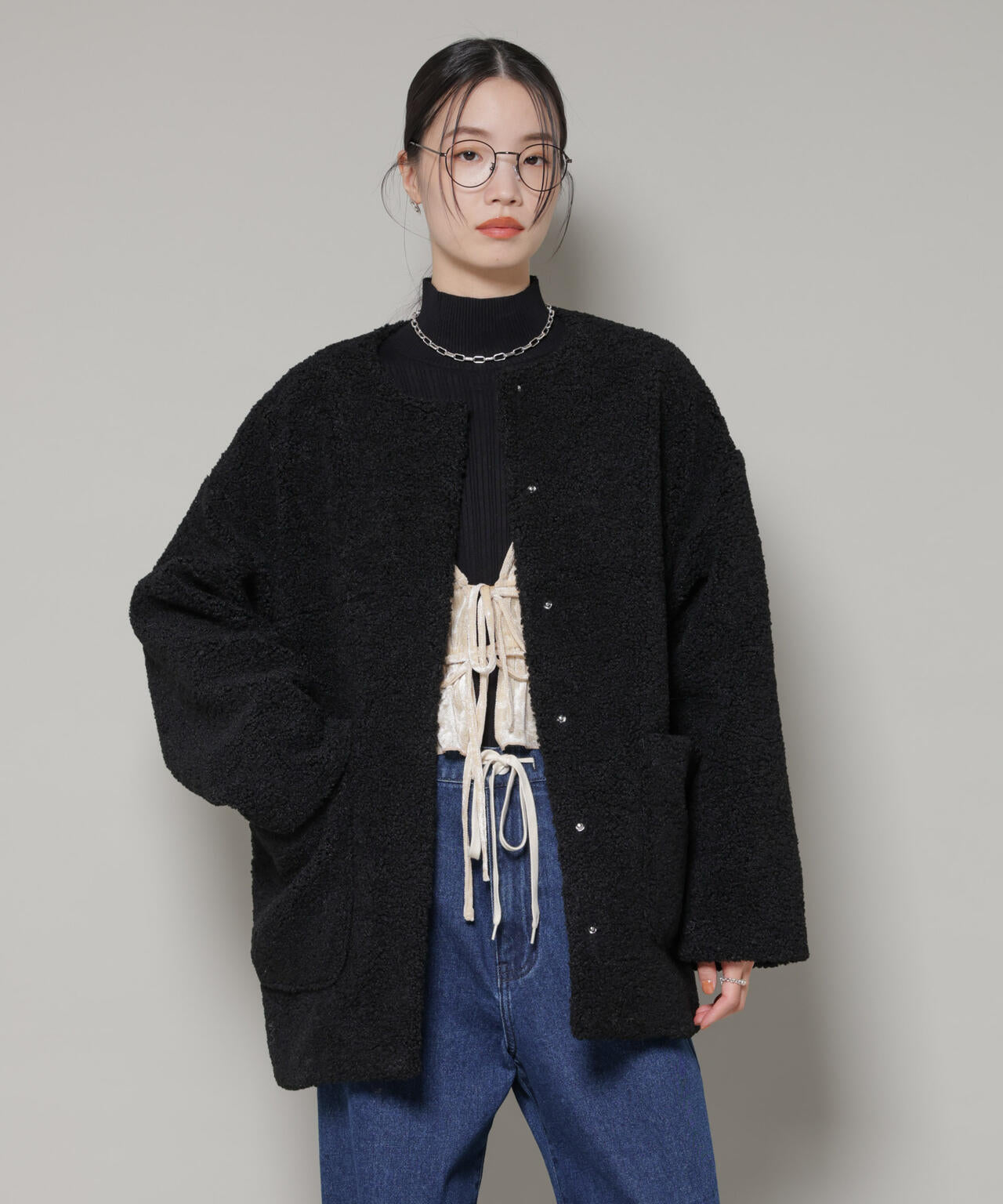 ソフトボアノーカラーミドルコート