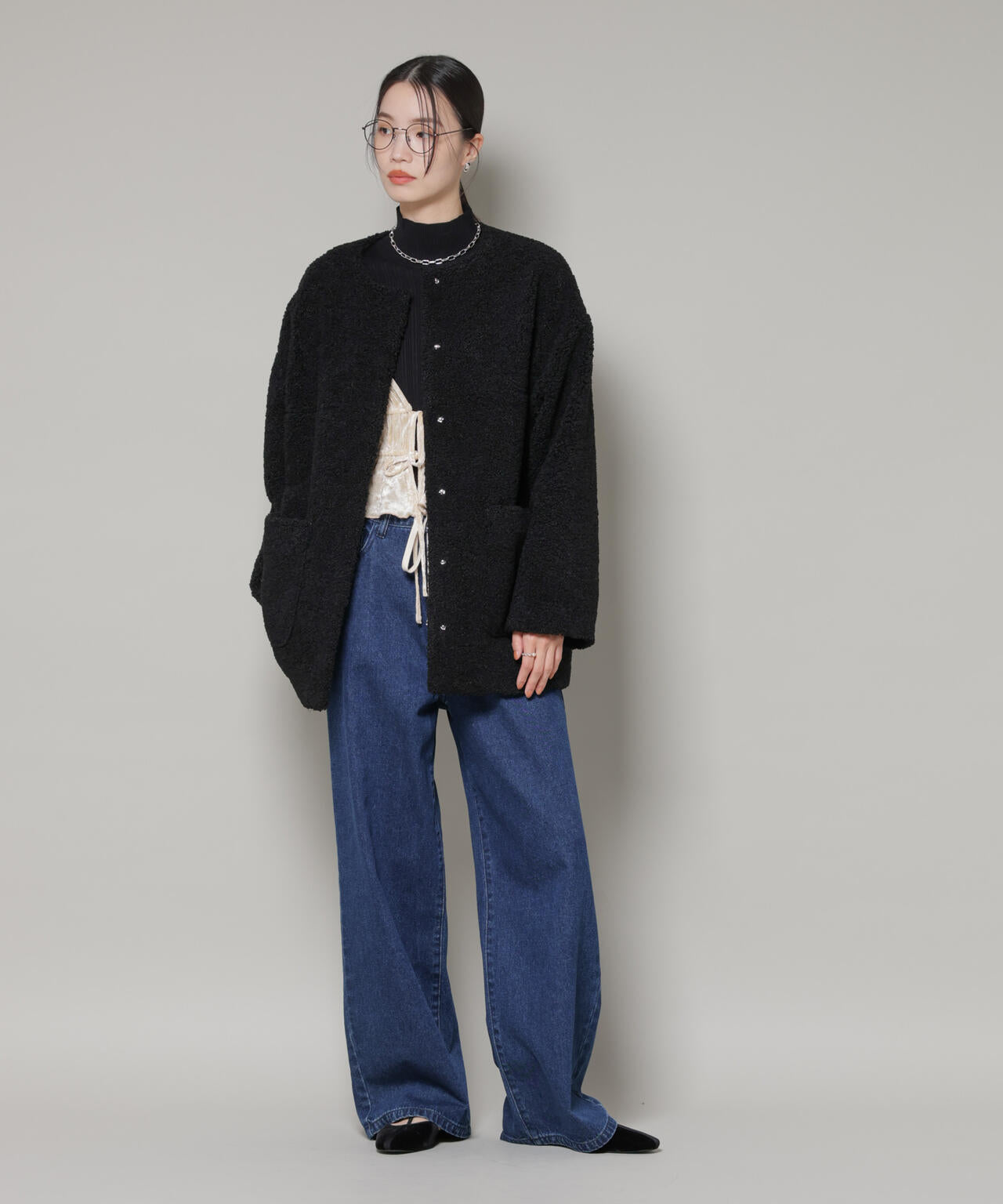 ソフトボアノーカラーミドルコート