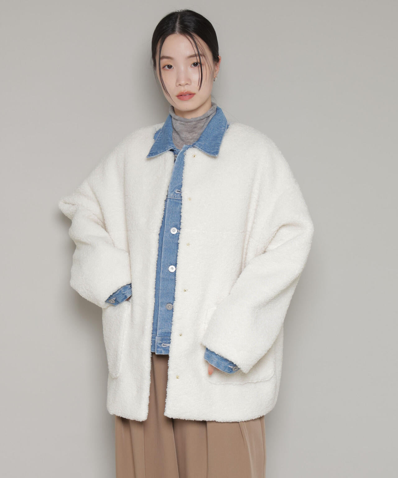 ソフトボアノーカラーミドルコート