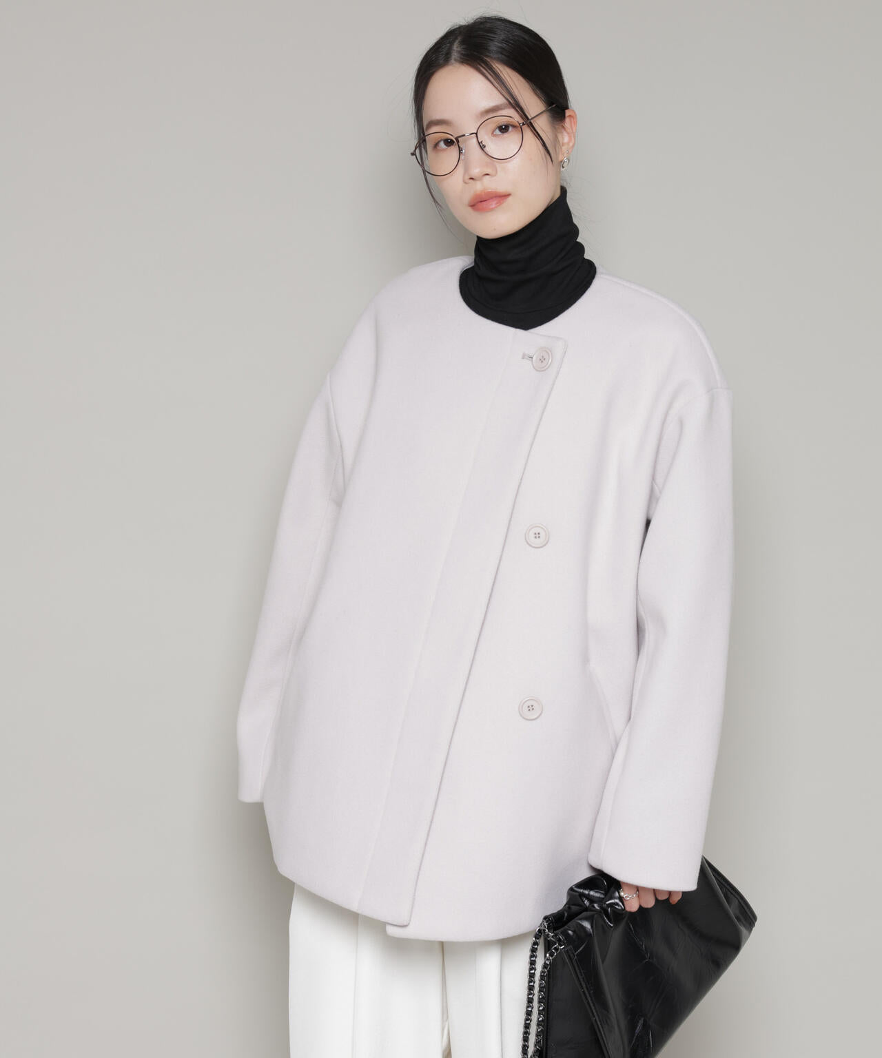 ノーカラーミドルコート