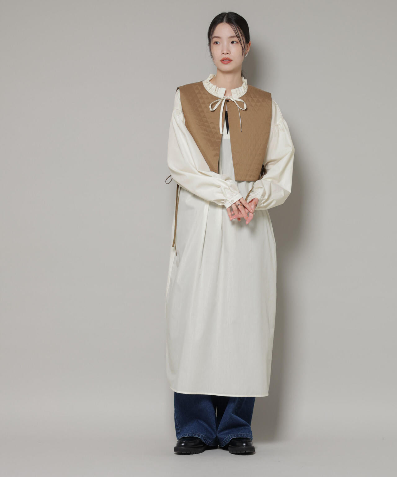 キルティングベスト×ギャザーワンピース アンサンブルセット