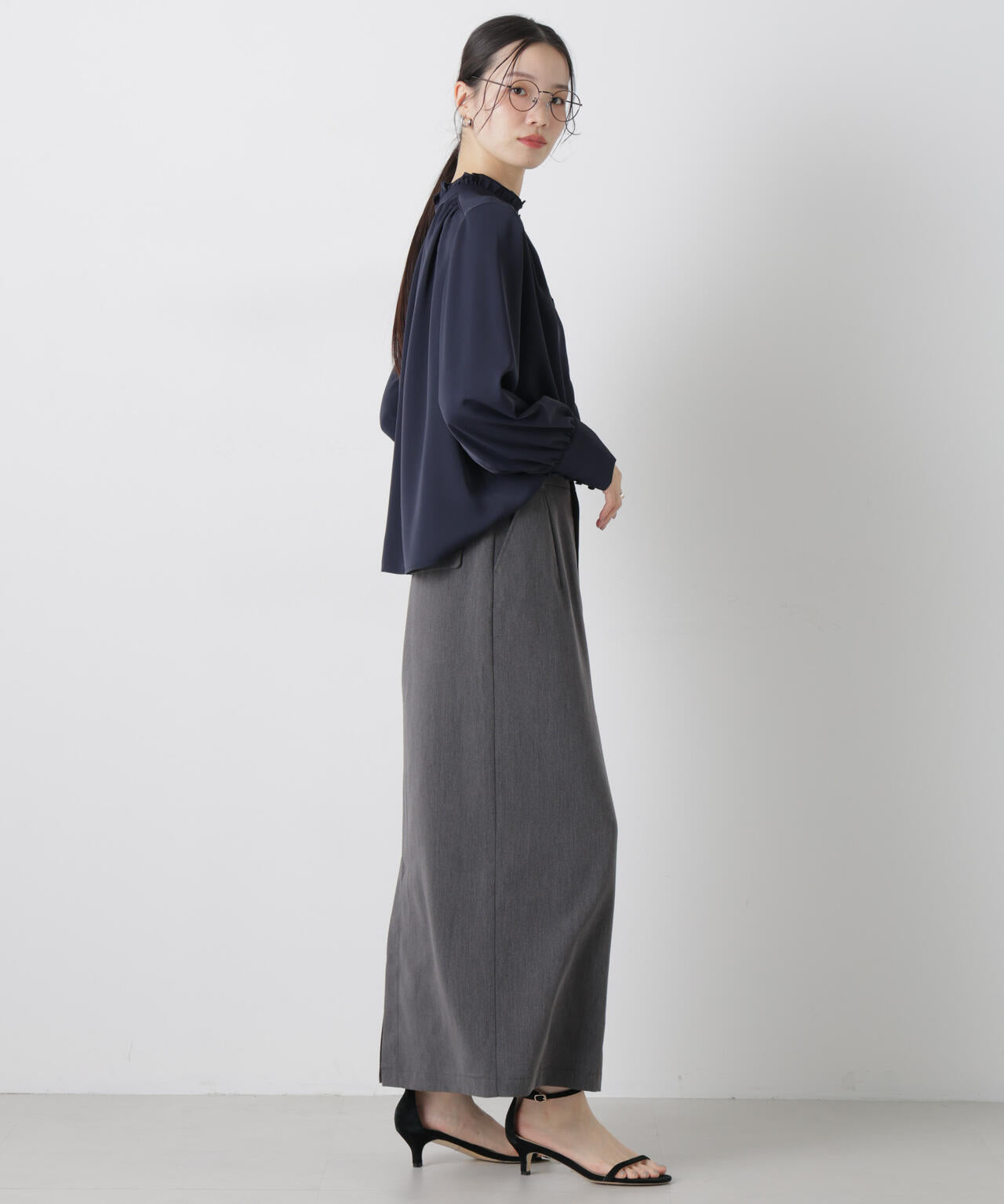 前後2wayスタンドカラーギャザーブラウス