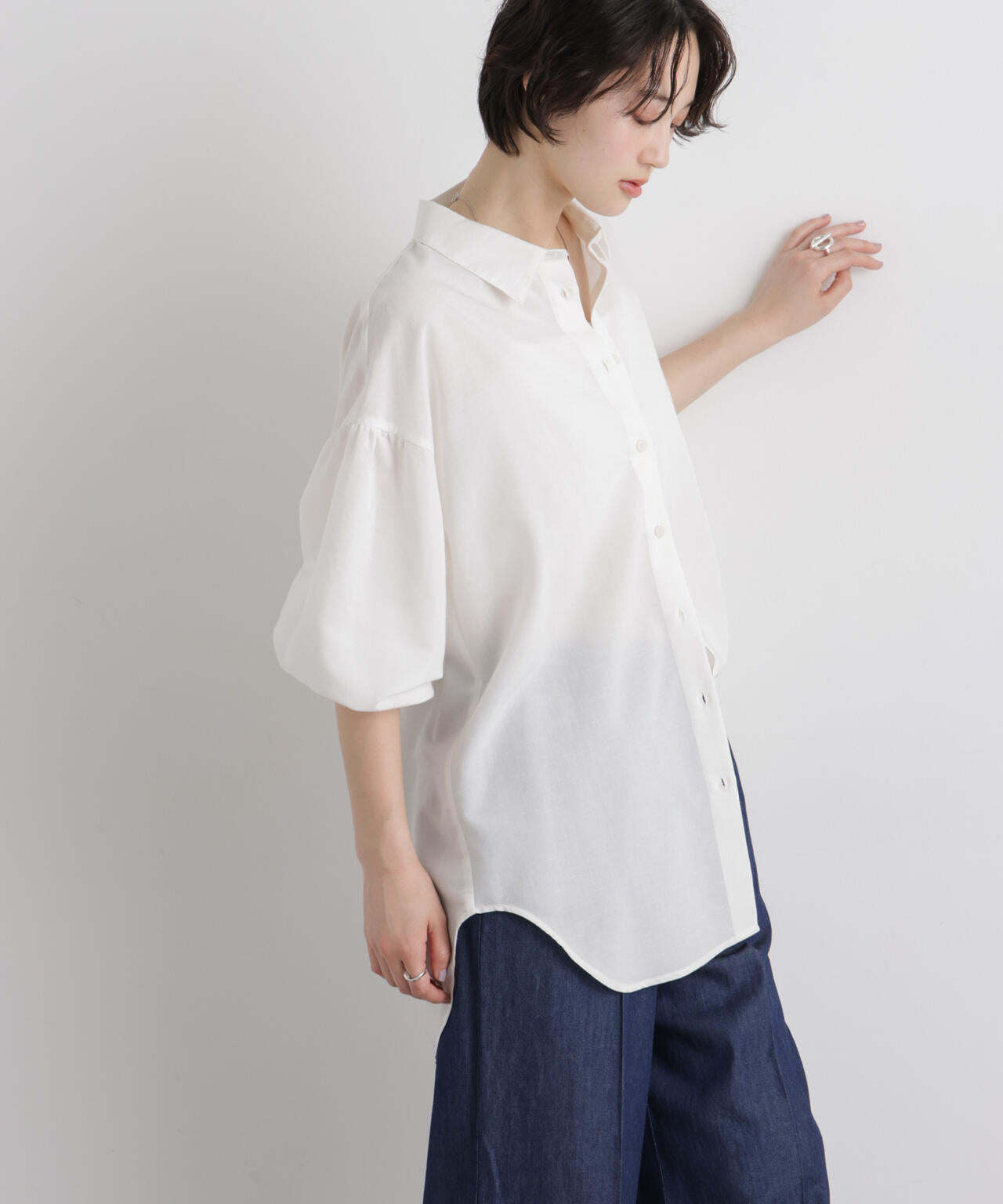 マシンウォッシャブルリネン混 ボリュームスリーブシャツ