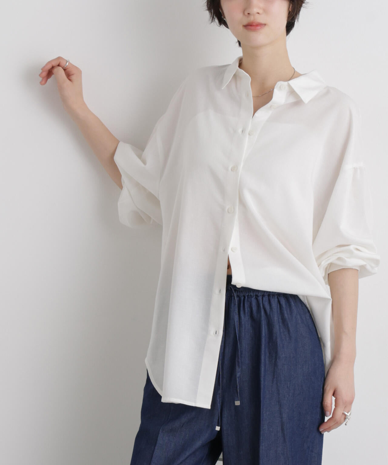 マシンウォッシャブルリネン混 ボリュームスリーブシャツ