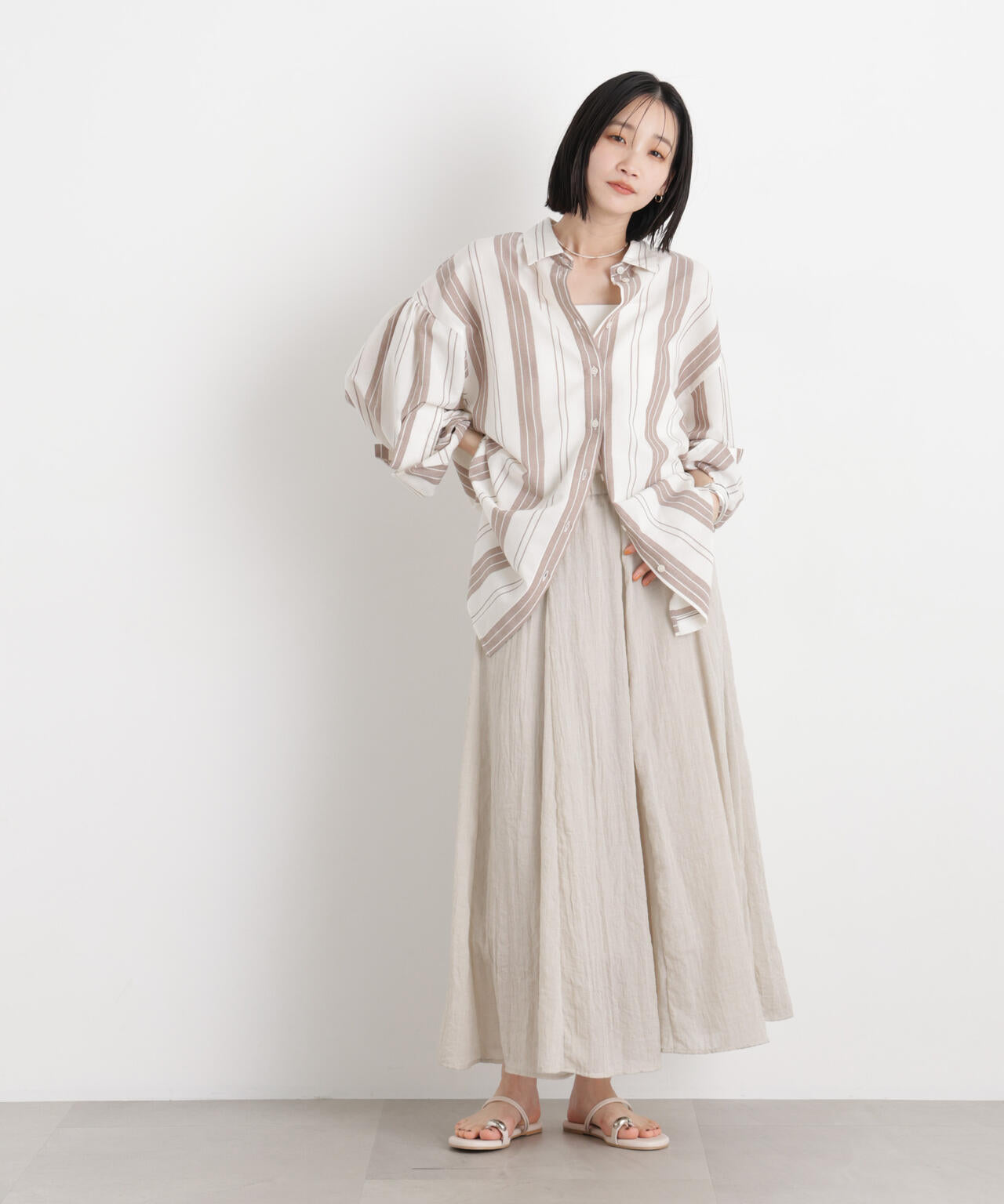 マシンウォッシャブルリネン混 ボリュームスリーブシャツ