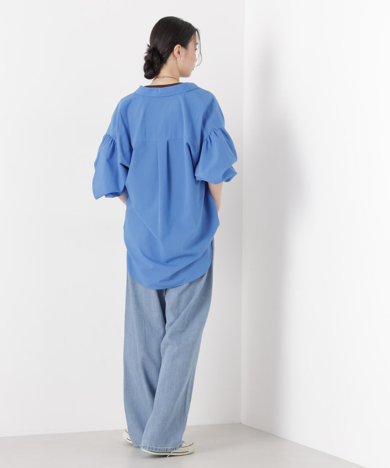 マシンウォッシャブルリネン混 ボリュームスリーブシャツ