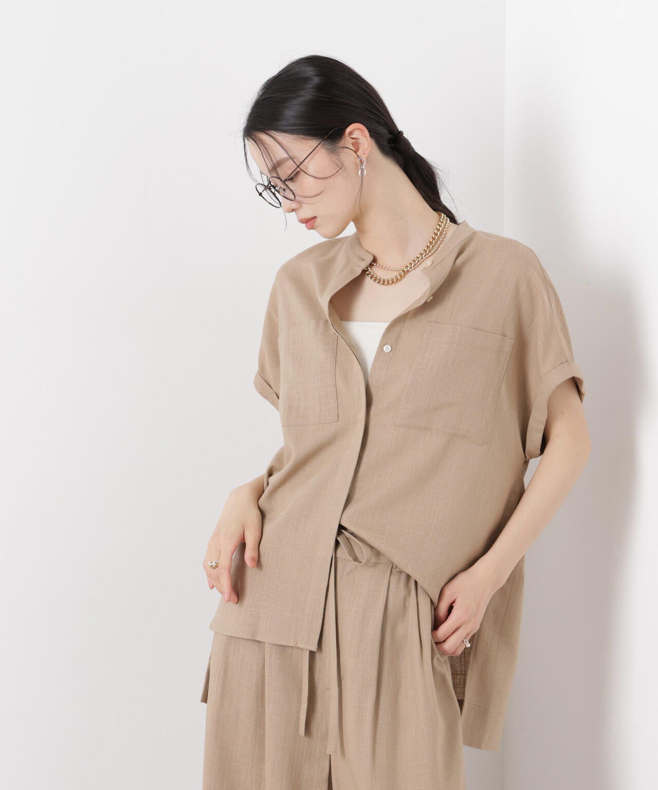 多機能リネン混スタンドカラードルマンフレンチスリーブシャツ(セットアップ可)