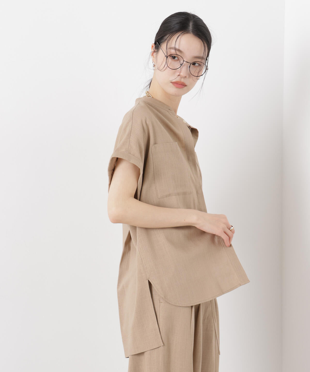 多機能リネン混スタンドカラードルマンフレンチスリーブシャツ(セットアップ可)