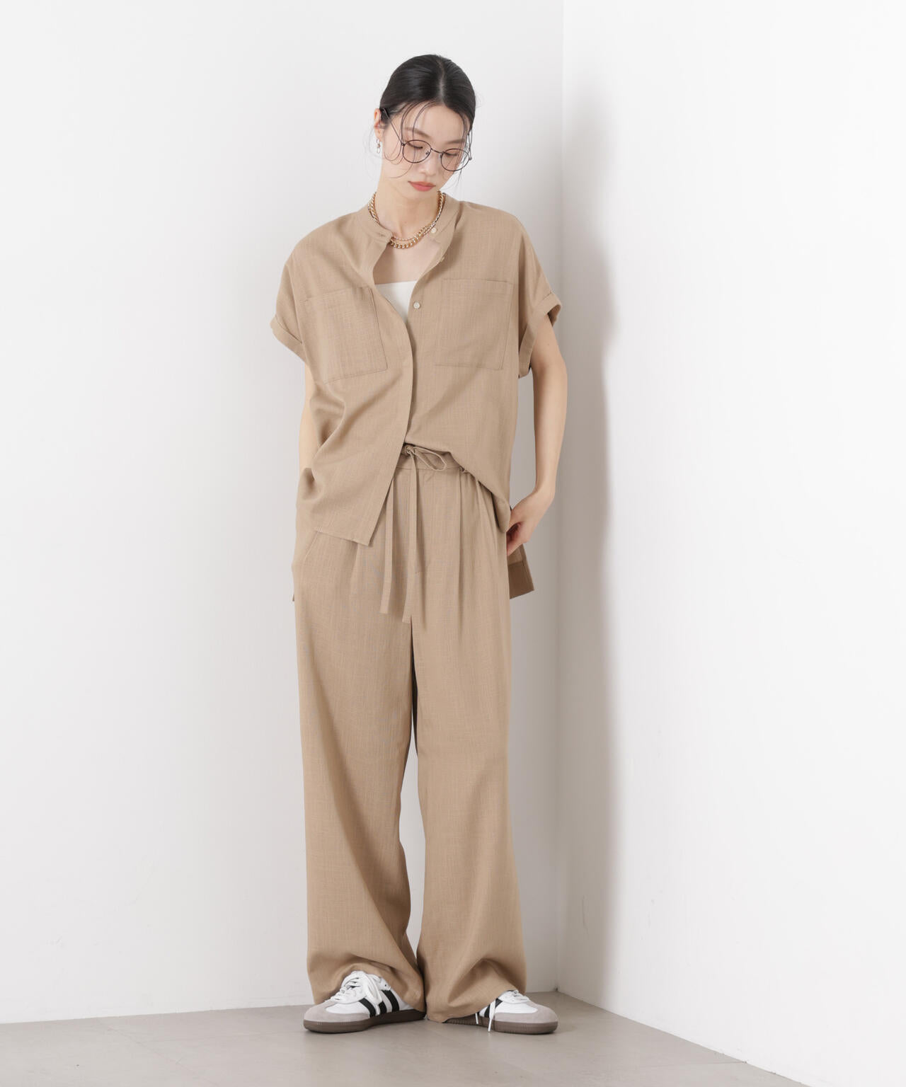 多機能リネン混スタンドカラードルマンフレンチスリーブシャツ(セットアップ可)