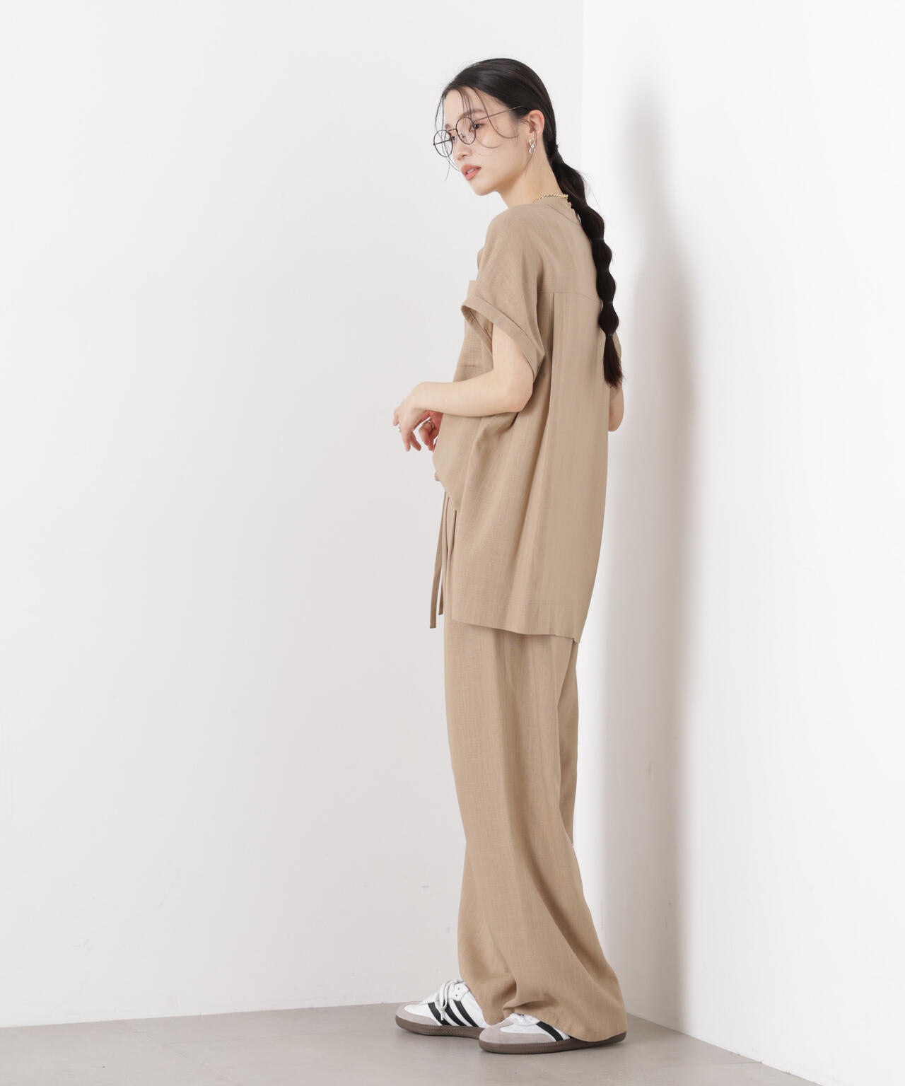 多機能リネン混スタンドカラードルマンフレンチスリーブシャツ(セットアップ可)