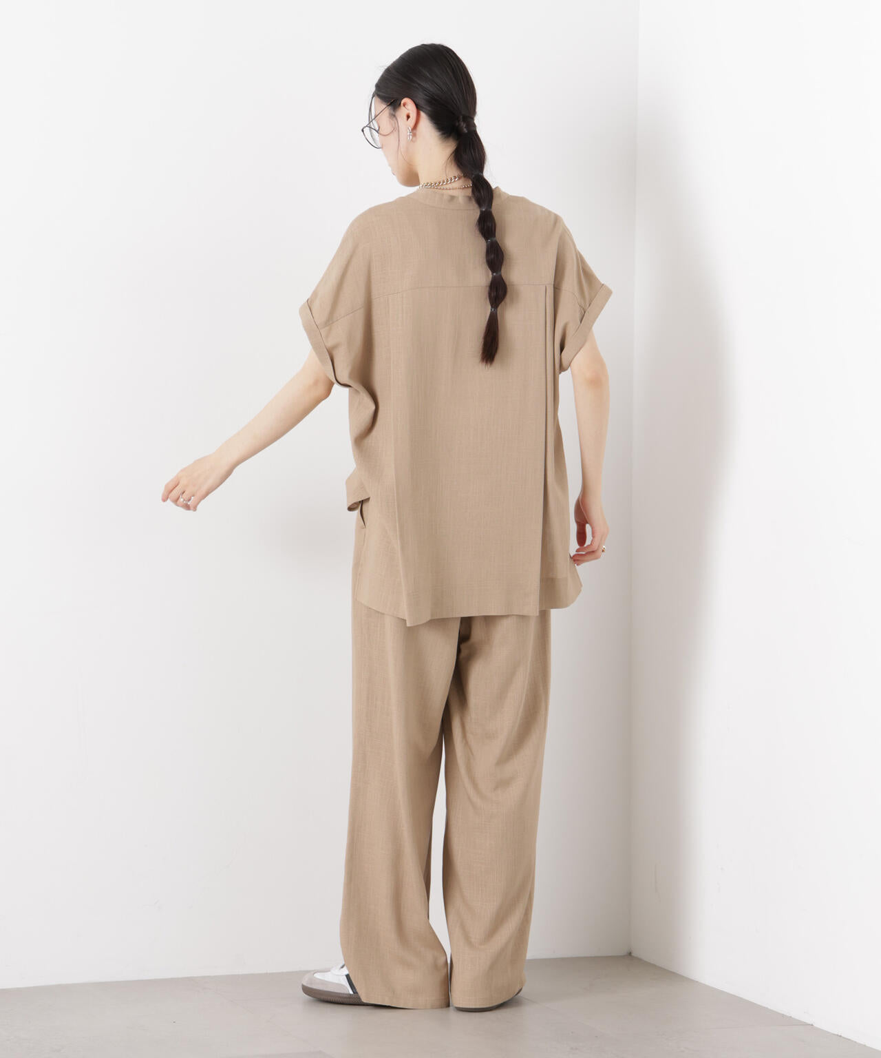 多機能リネン混スタンドカラードルマンフレンチスリーブシャツ(セットアップ可)