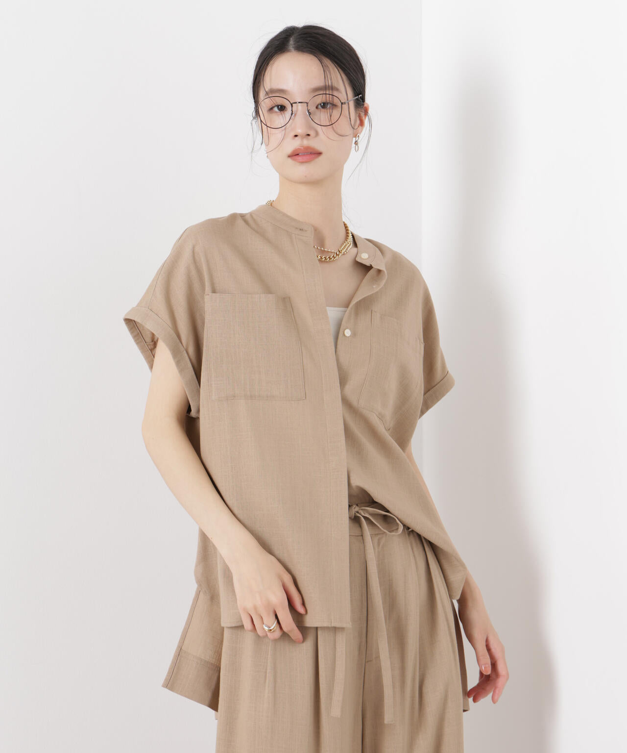 多機能リネン混スタンドカラードルマンフレンチスリーブシャツ(セットアップ可)