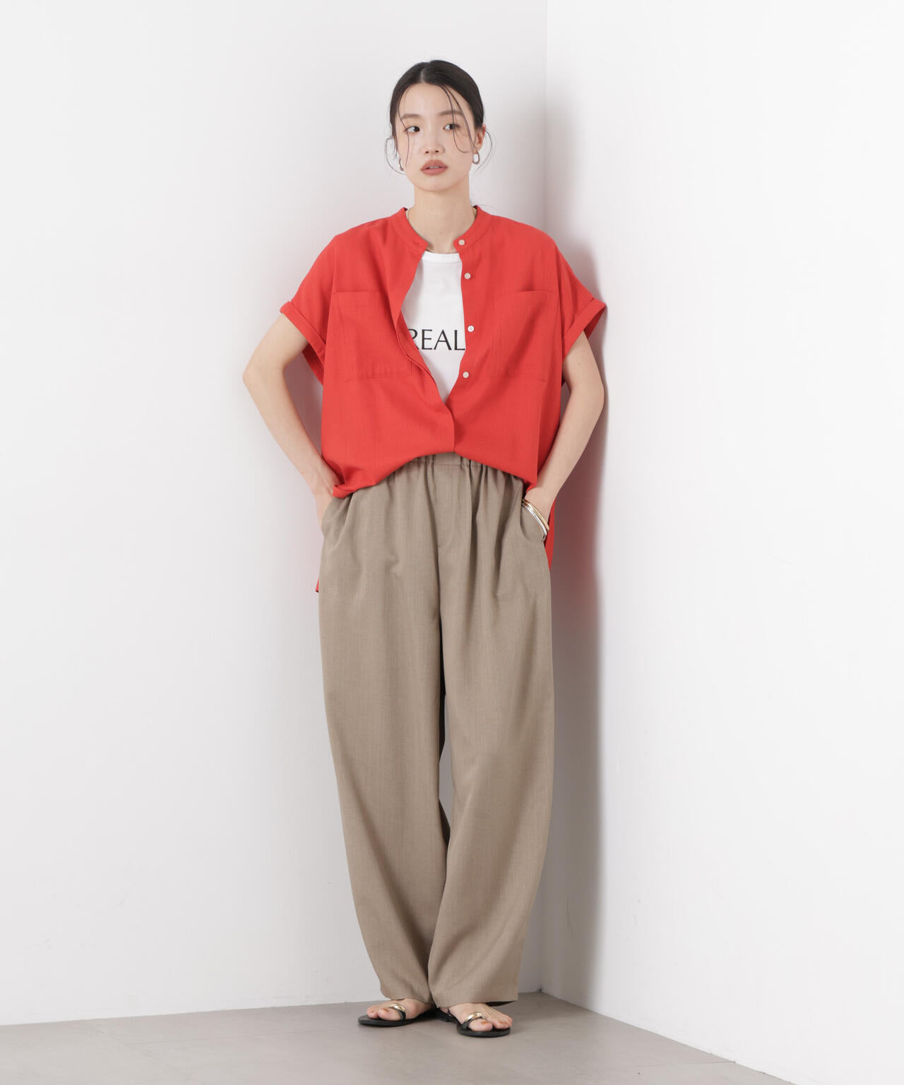 多機能リネン混スタンドカラードルマンフレンチスリーブシャツ(セットアップ可)