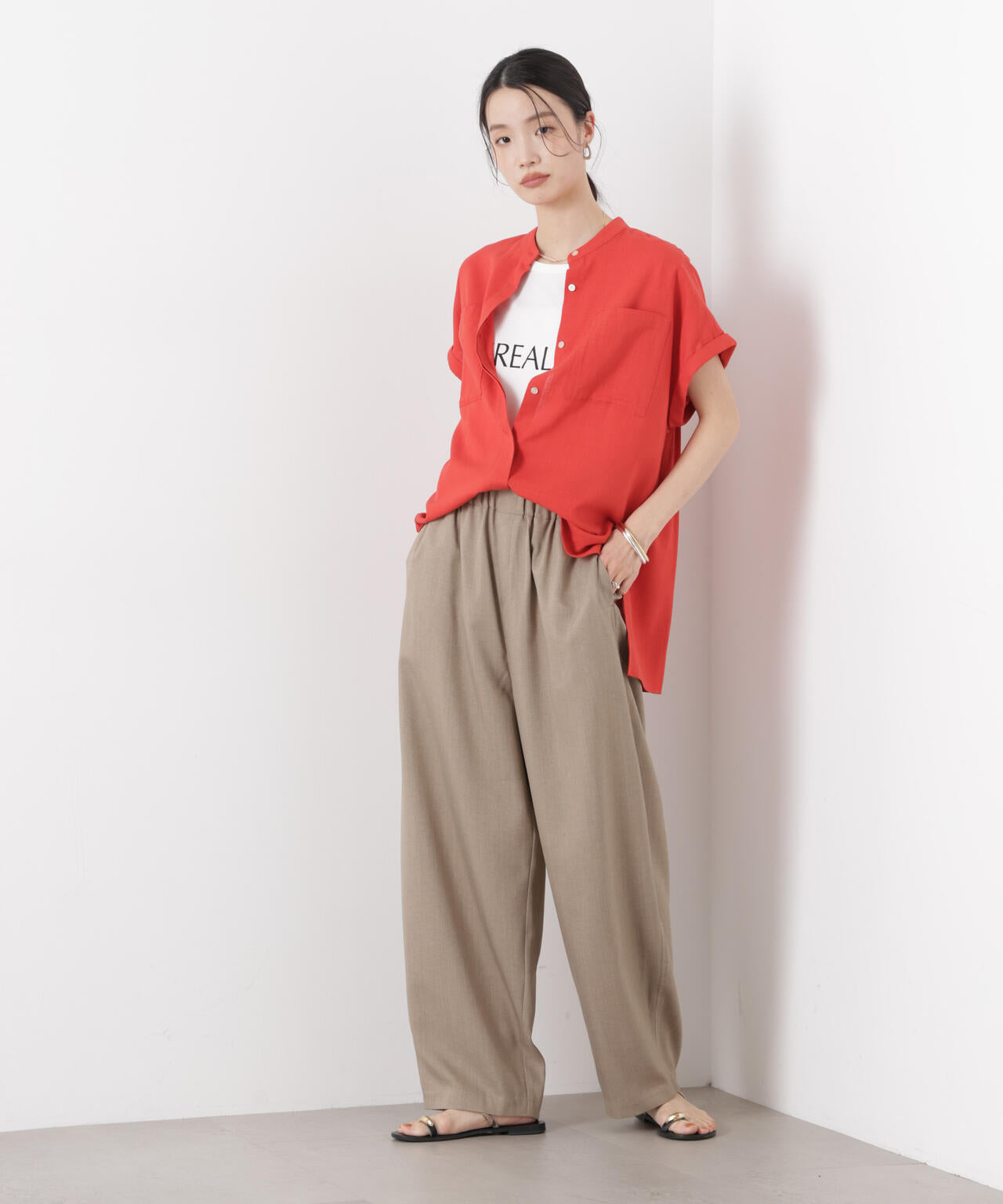 多機能リネン混スタンドカラードルマンフレンチスリーブシャツ(セットアップ可)