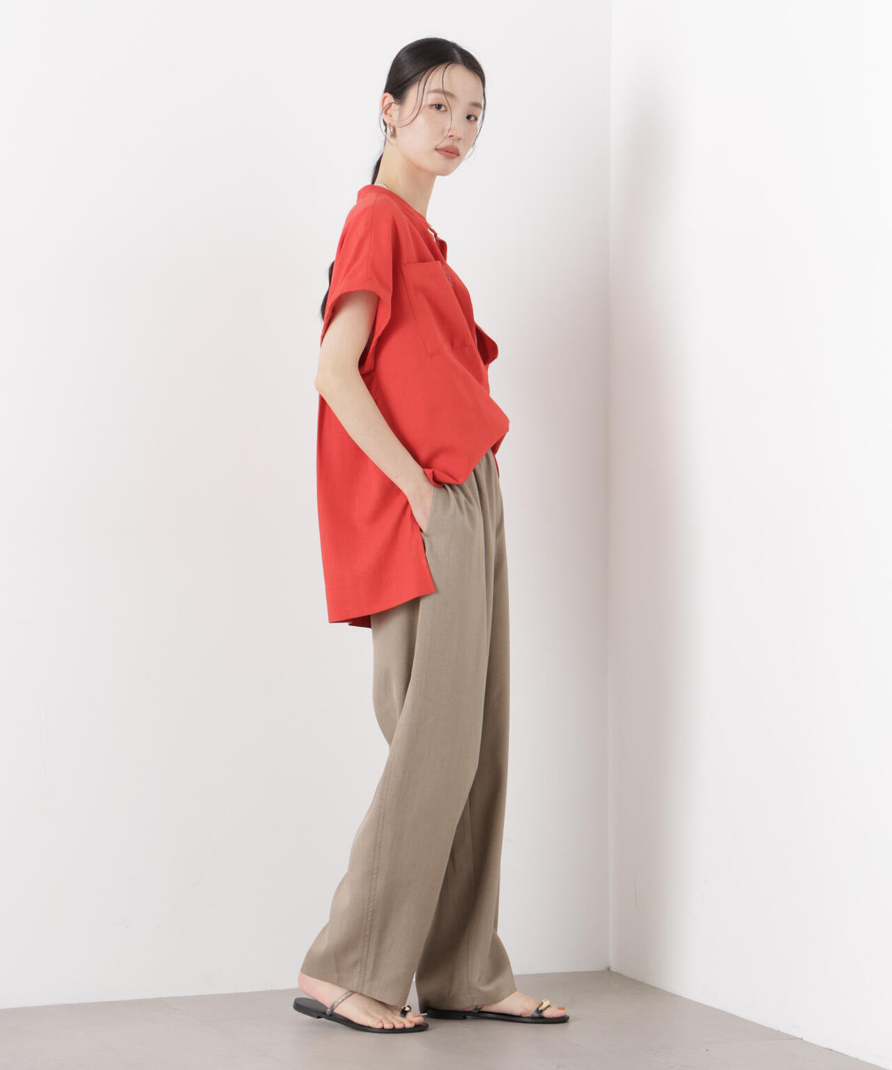 多機能リネン混スタンドカラードルマンフレンチスリーブシャツ(セットアップ可)