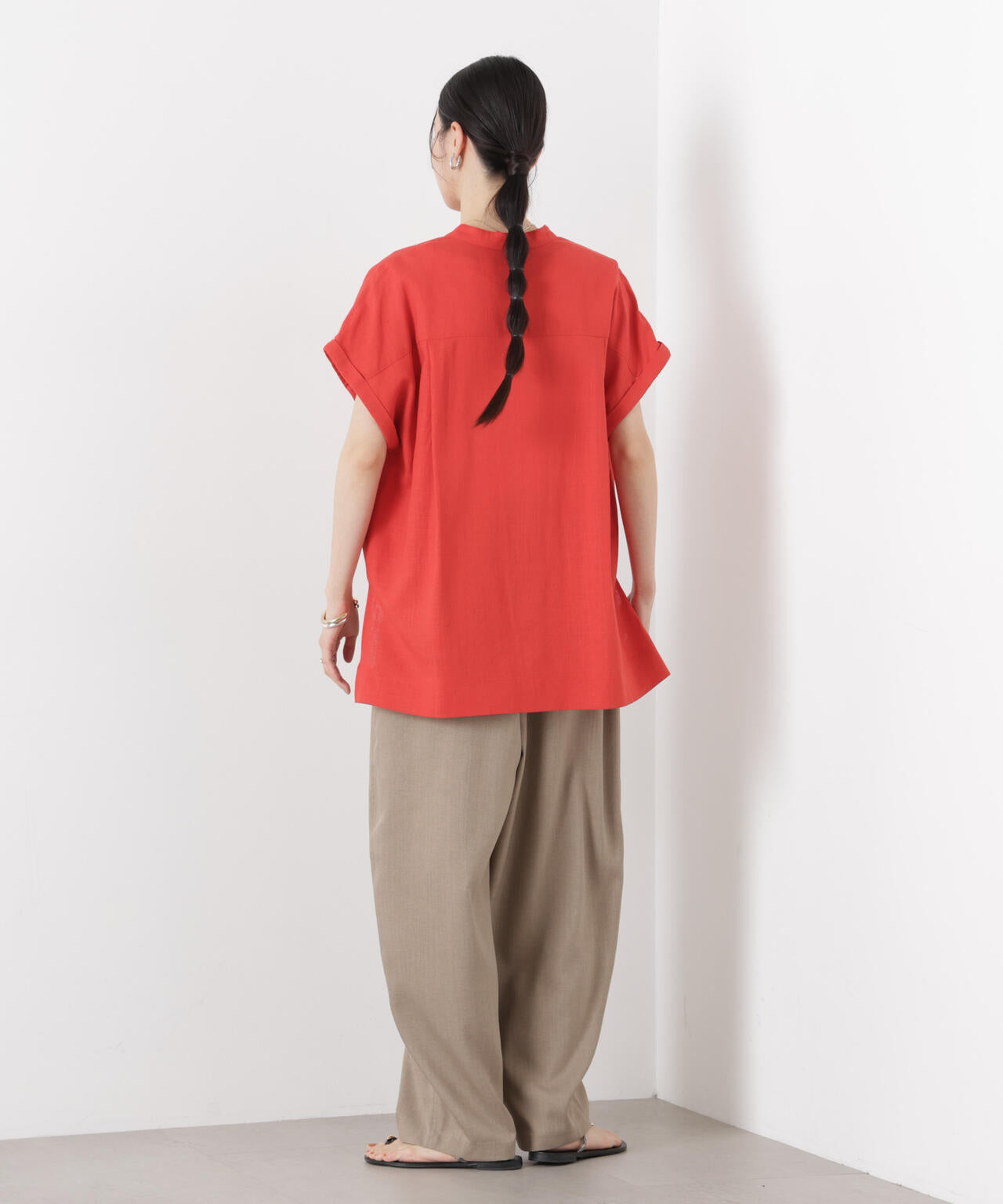 多機能リネン混スタンドカラードルマンフレンチスリーブシャツ(セットアップ可)