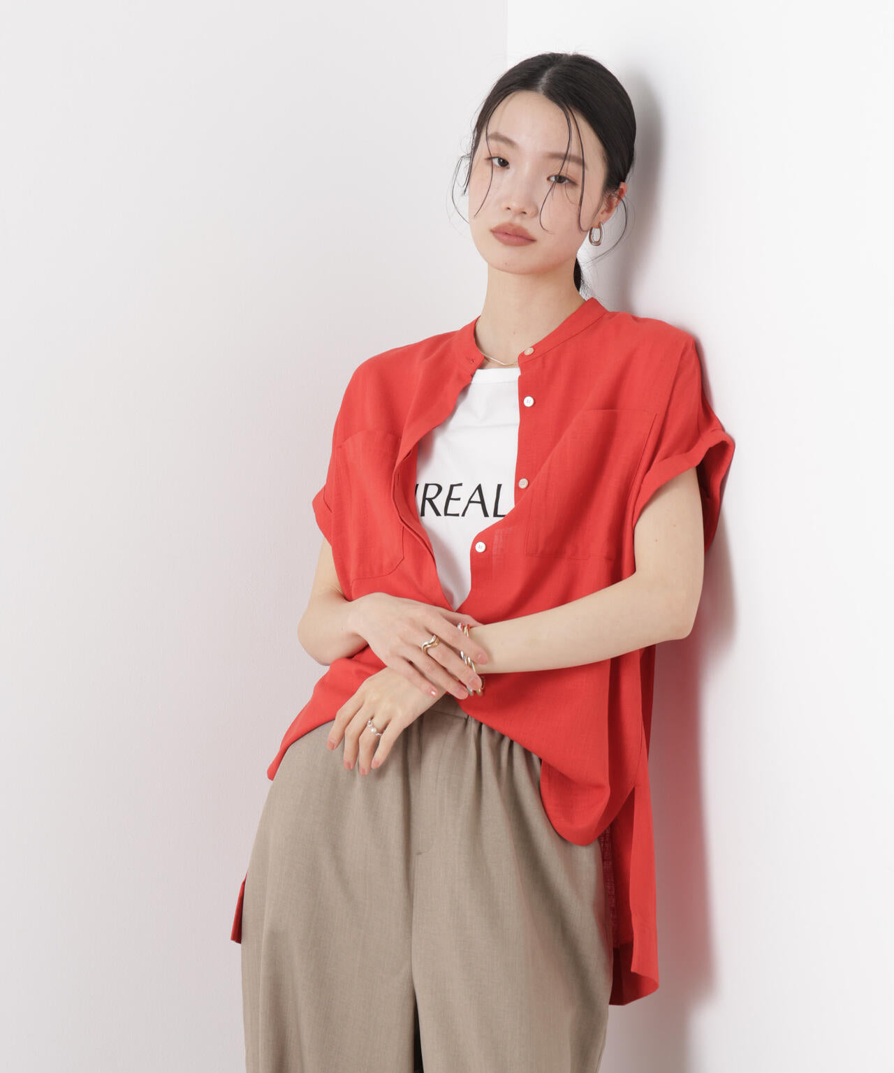 多機能リネン混スタンドカラードルマンフレンチスリーブシャツ(セットアップ可)