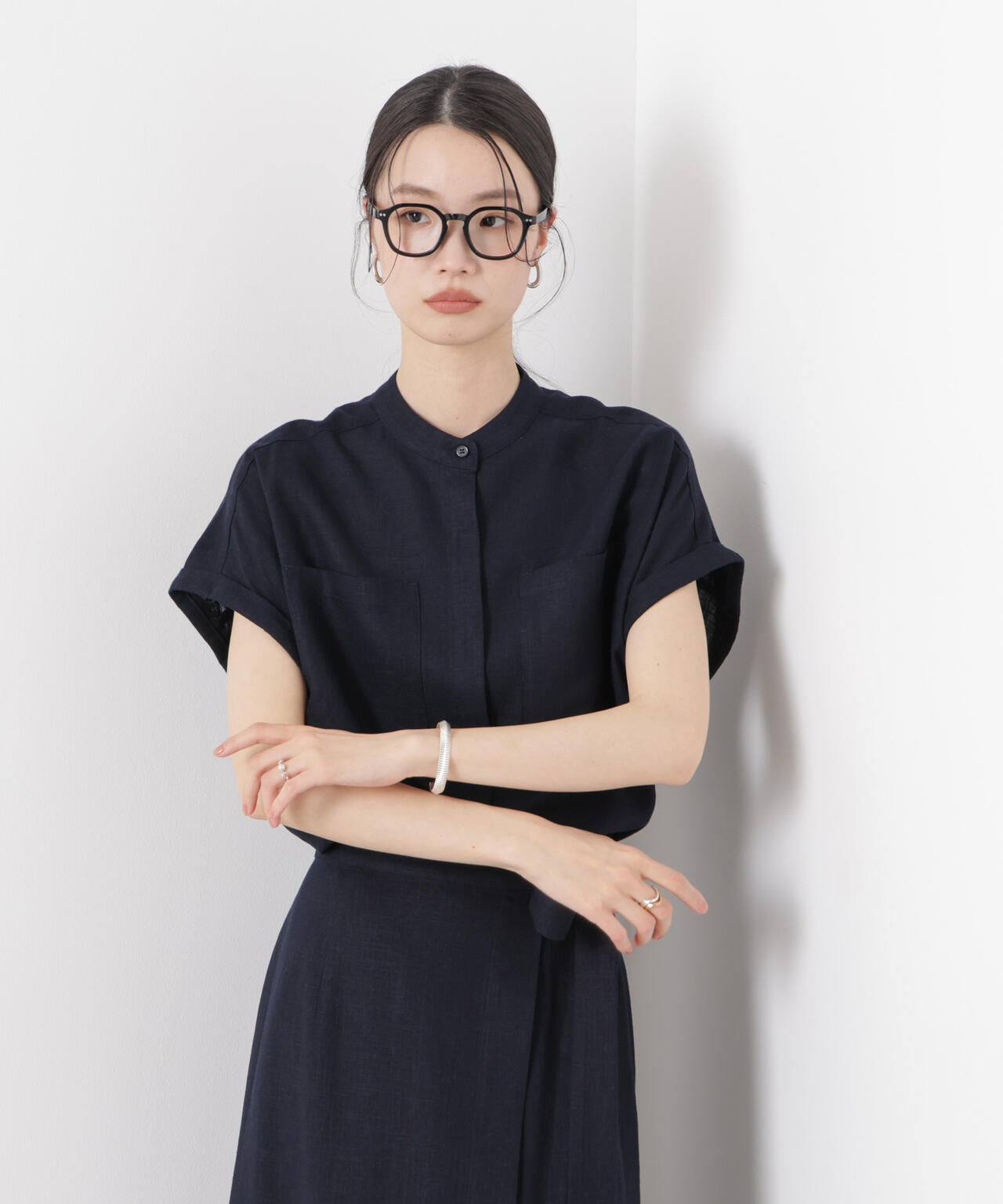 多機能リネン混スタンドカラードルマンフレンチスリーブシャツ(セットアップ可)