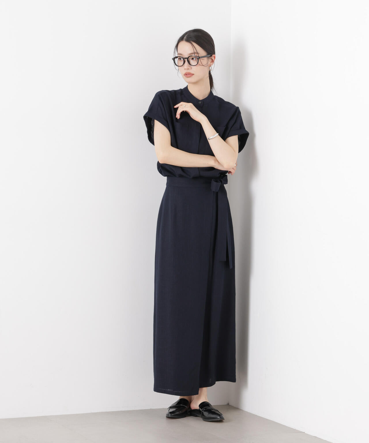 多機能リネン混スタンドカラードルマンフレンチスリーブシャツ(セットアップ可)