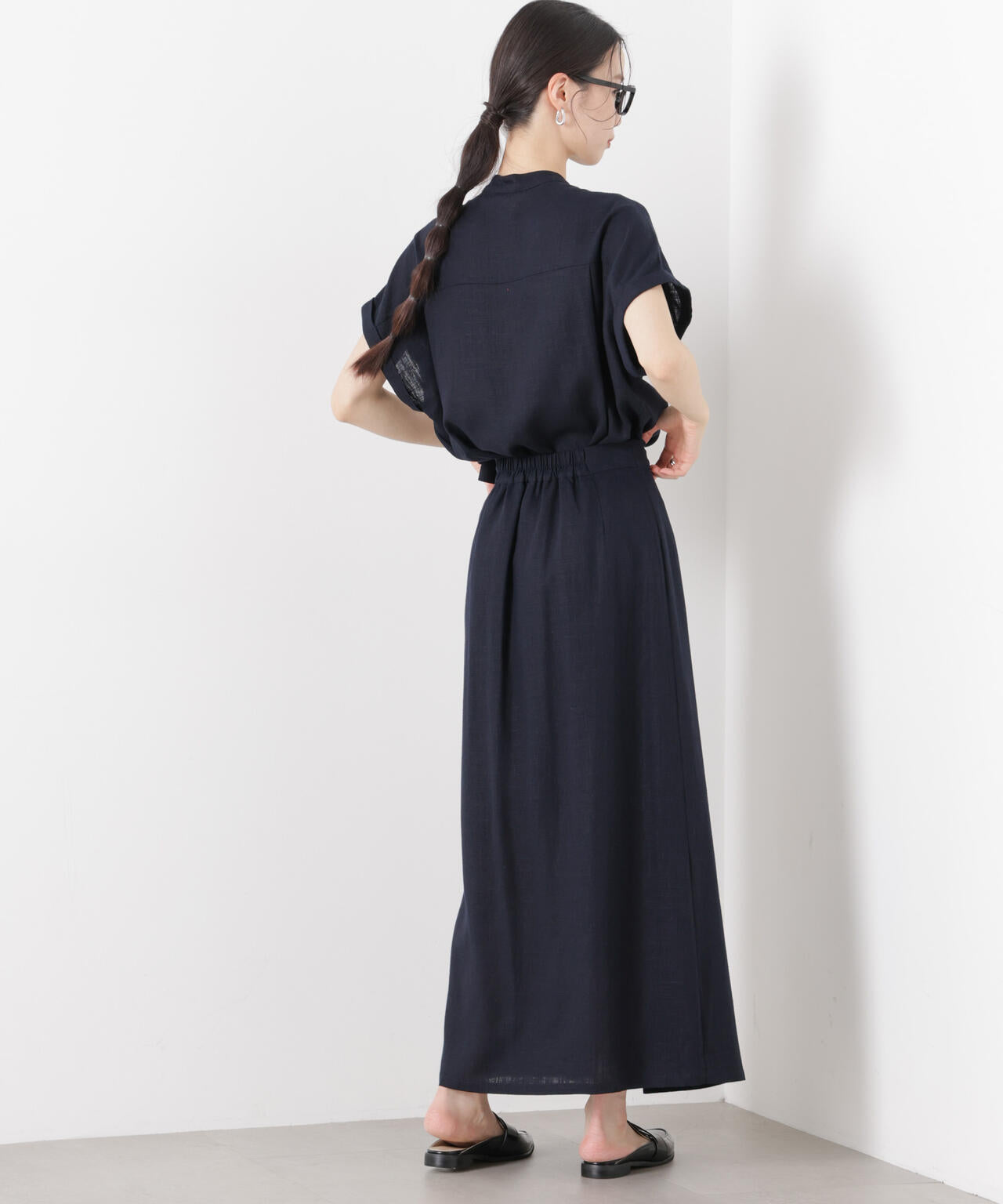 多機能リネン混スタンドカラードルマンフレンチスリーブシャツ(セットアップ可)