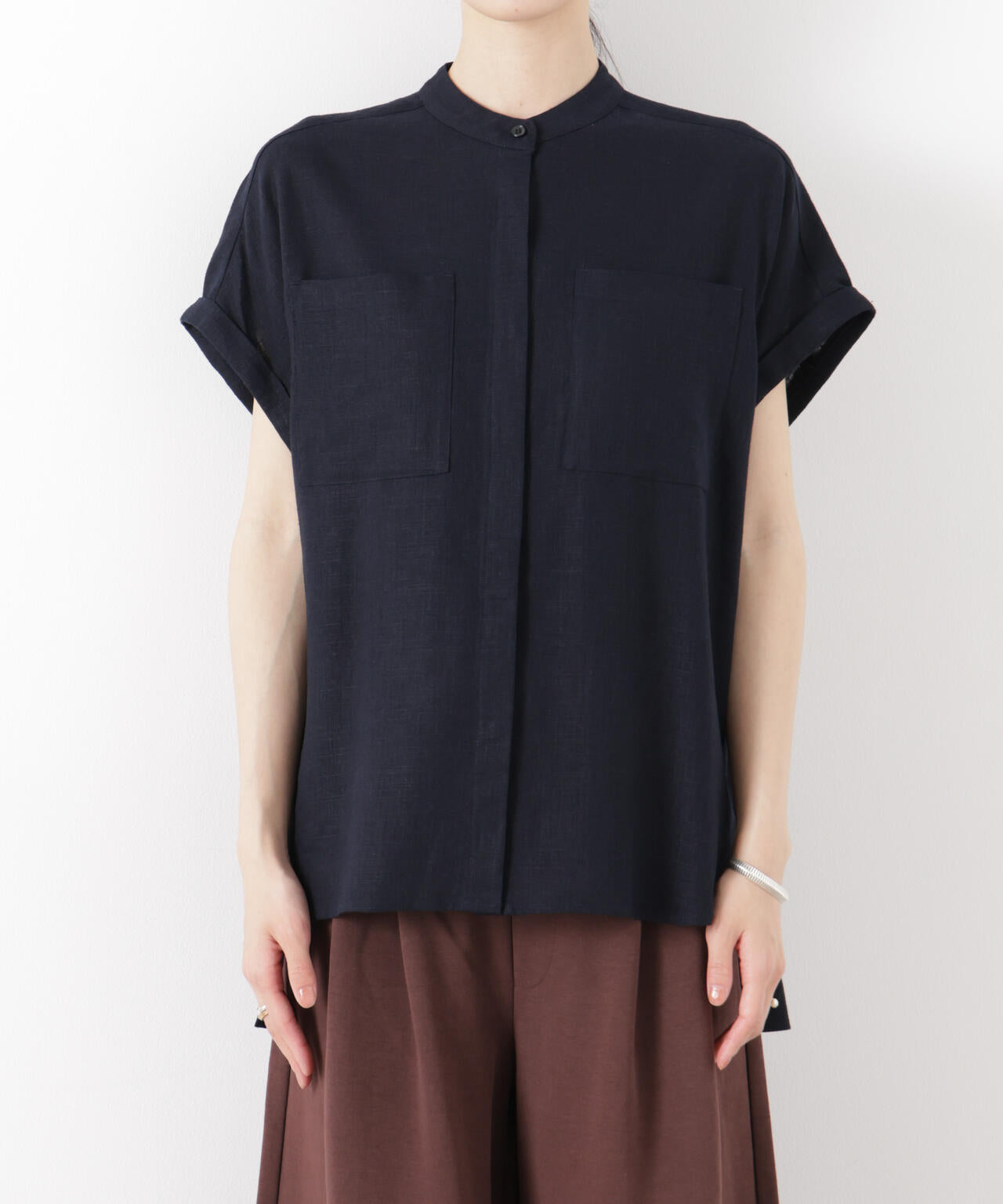 多機能リネン混スタンドカラードルマンフレンチスリーブシャツ(セットアップ可)